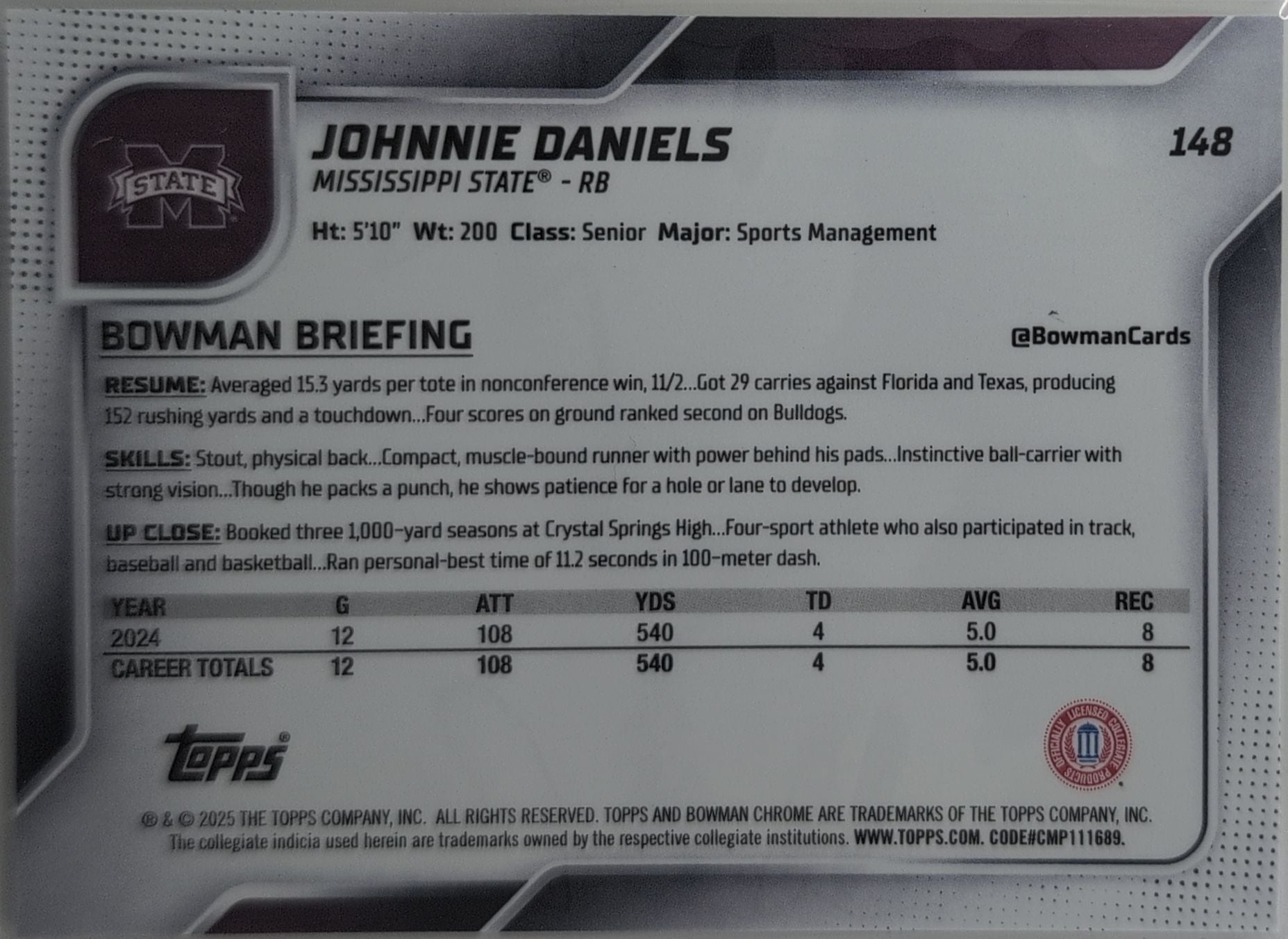 2025 Bowman University Chrome Johnnie Daniels #148 Mississippi State Bulldogs back
