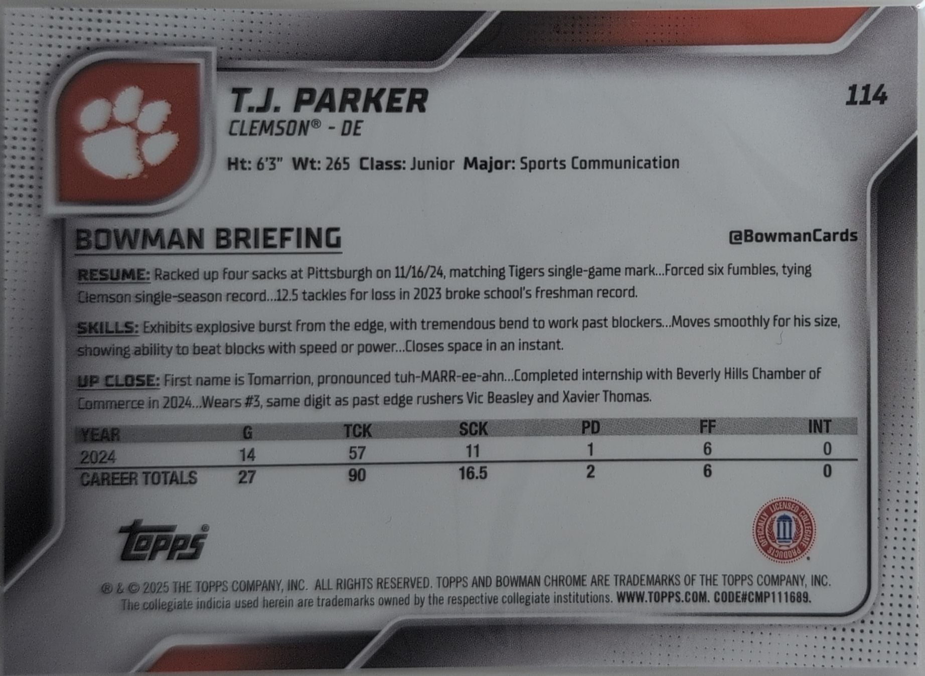 2025 Bowman University Chrome T.J. Parker #114 Clemson Tigers back