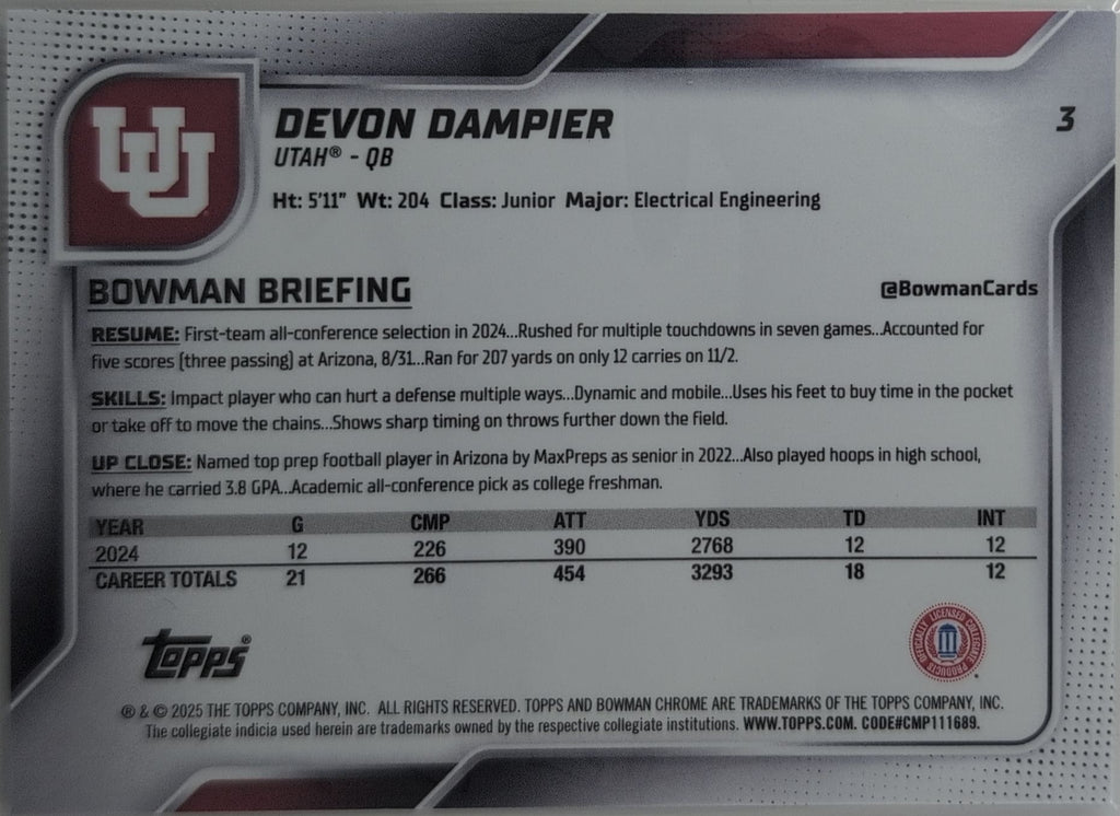 2025 Bowman University Chrome Devon Dampier #3 Utah Utes back