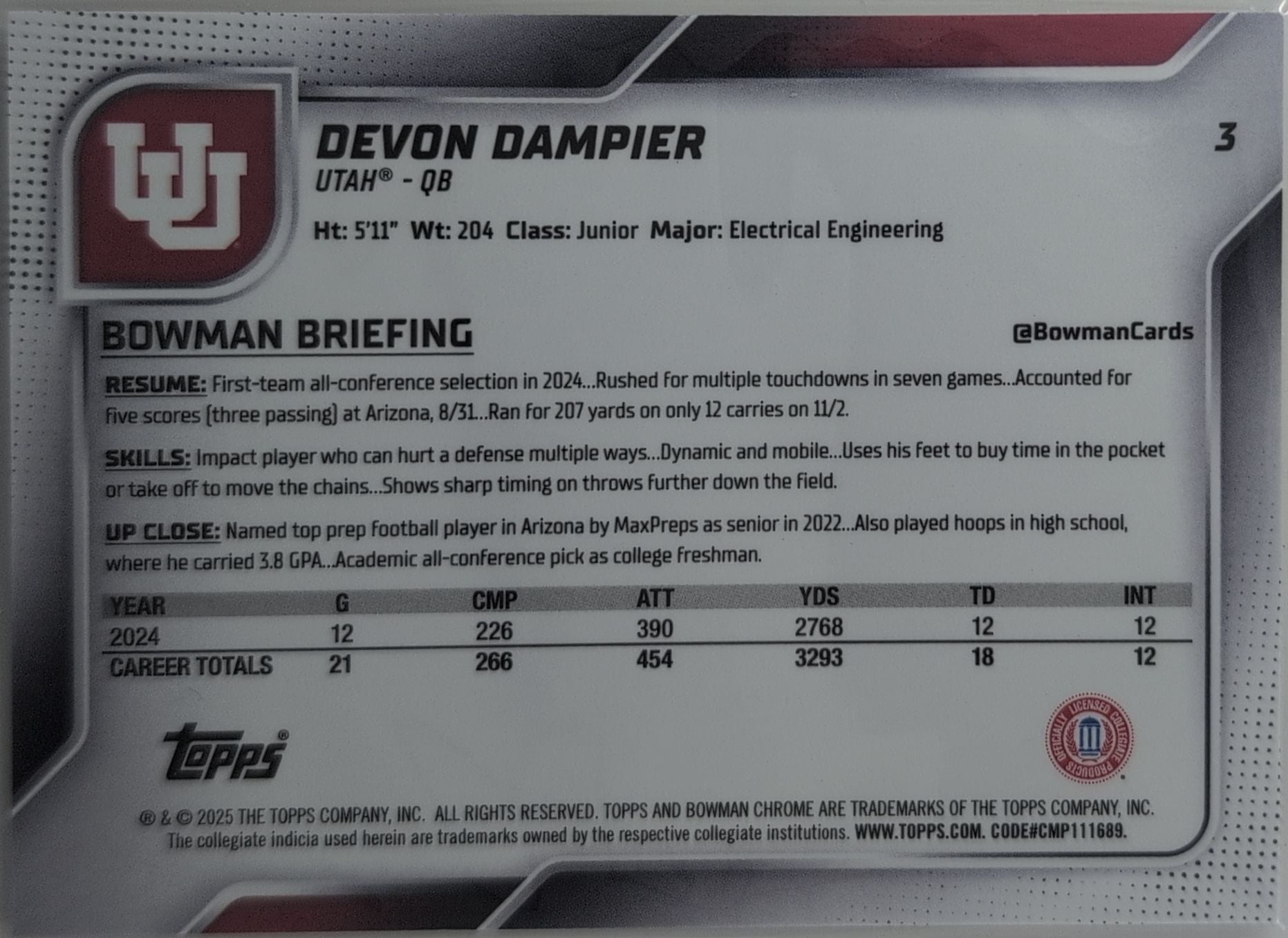 2025 Bowman University Chrome Devon Dampier #3 Utah Utes back