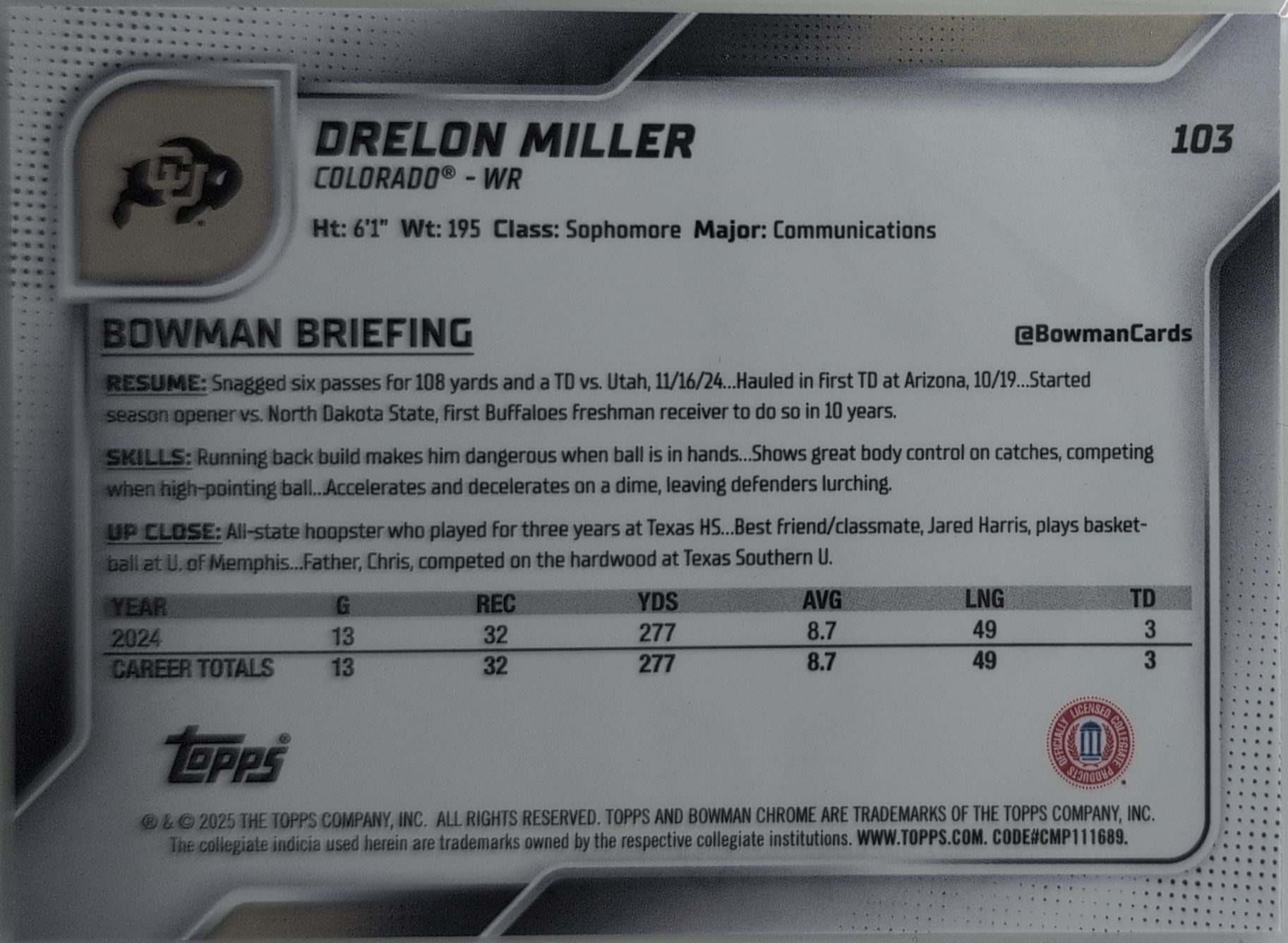 Dre’Lon Miller 2025 Bowman University Chrome #103 Colorado Buffaloes