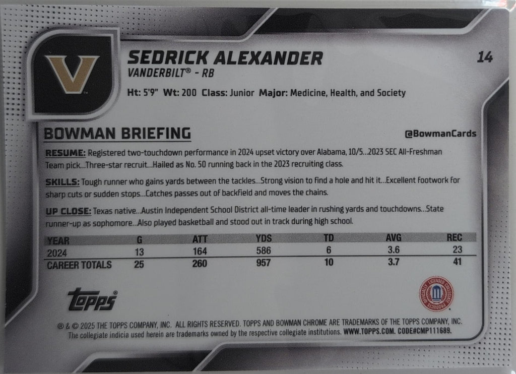 2025 Bowman University Chrome Sedrick Alexander #14 Vanderbilt Commodores back