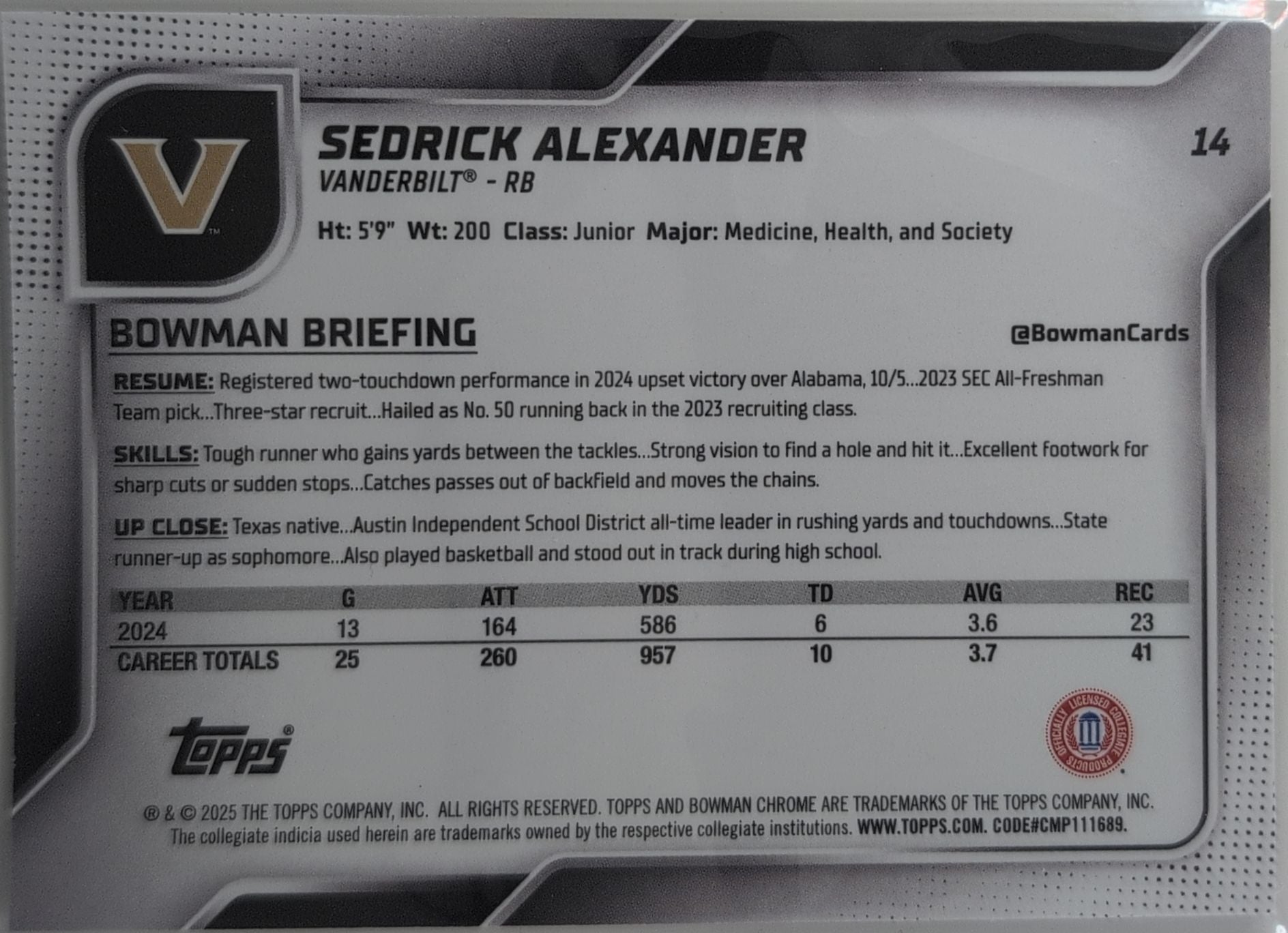 2025 Bowman University Chrome Sedrick Alexander #14 Vanderbilt Commodores back