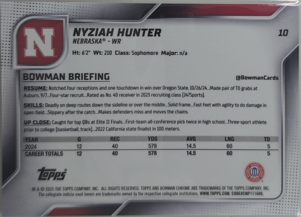 2025 Bowman University Chrome Nyziah Hunter #10 Nebraska Cornhuskers back