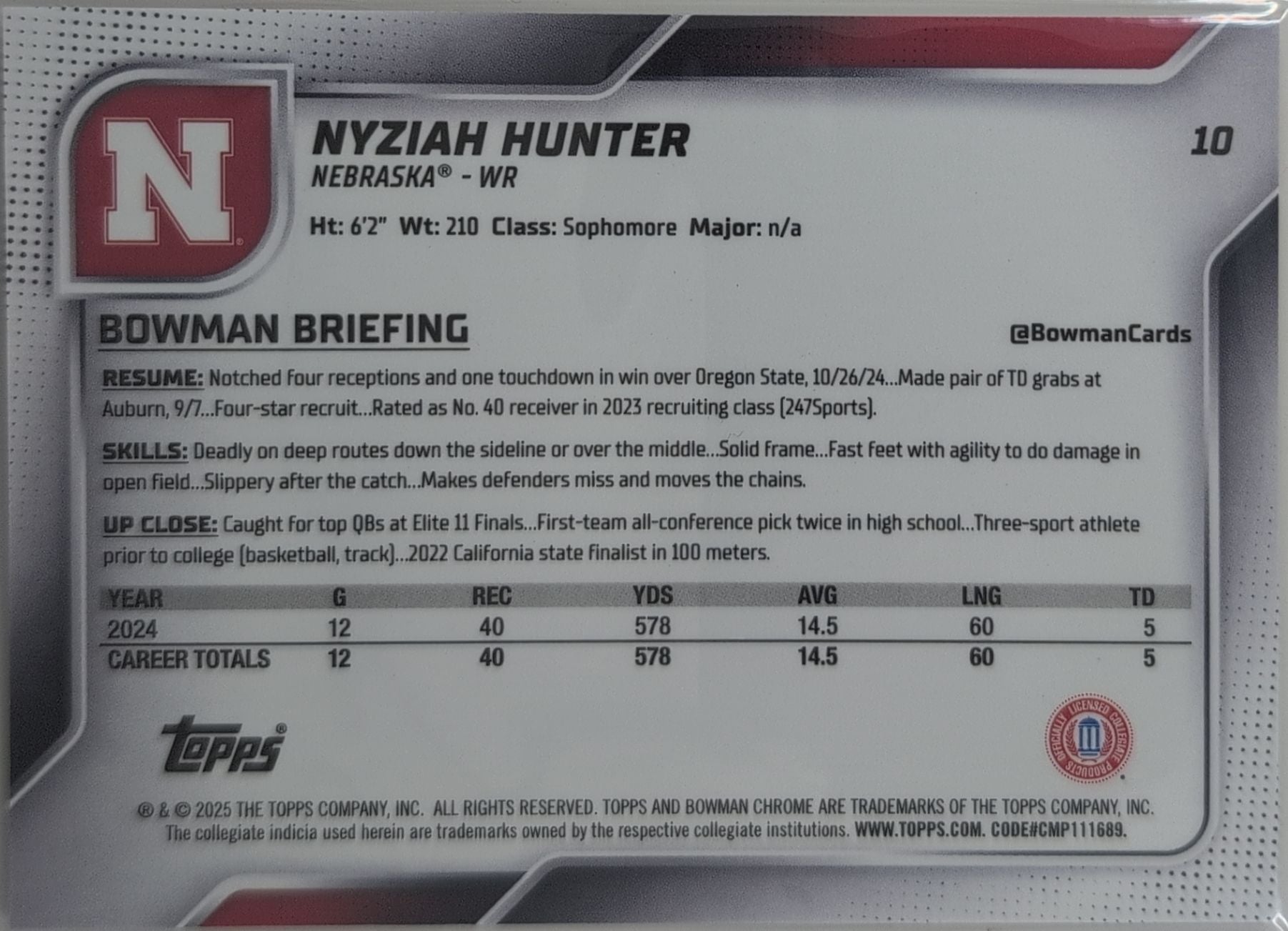 2025 Bowman University Chrome Nyziah Hunter #10 Nebraska Cornhuskers back