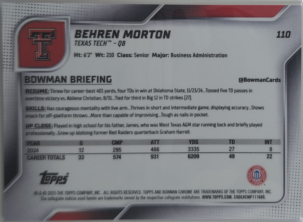 2025 Bowman University Chrome Behren Morton #110 Texas Tech Red Raiders back