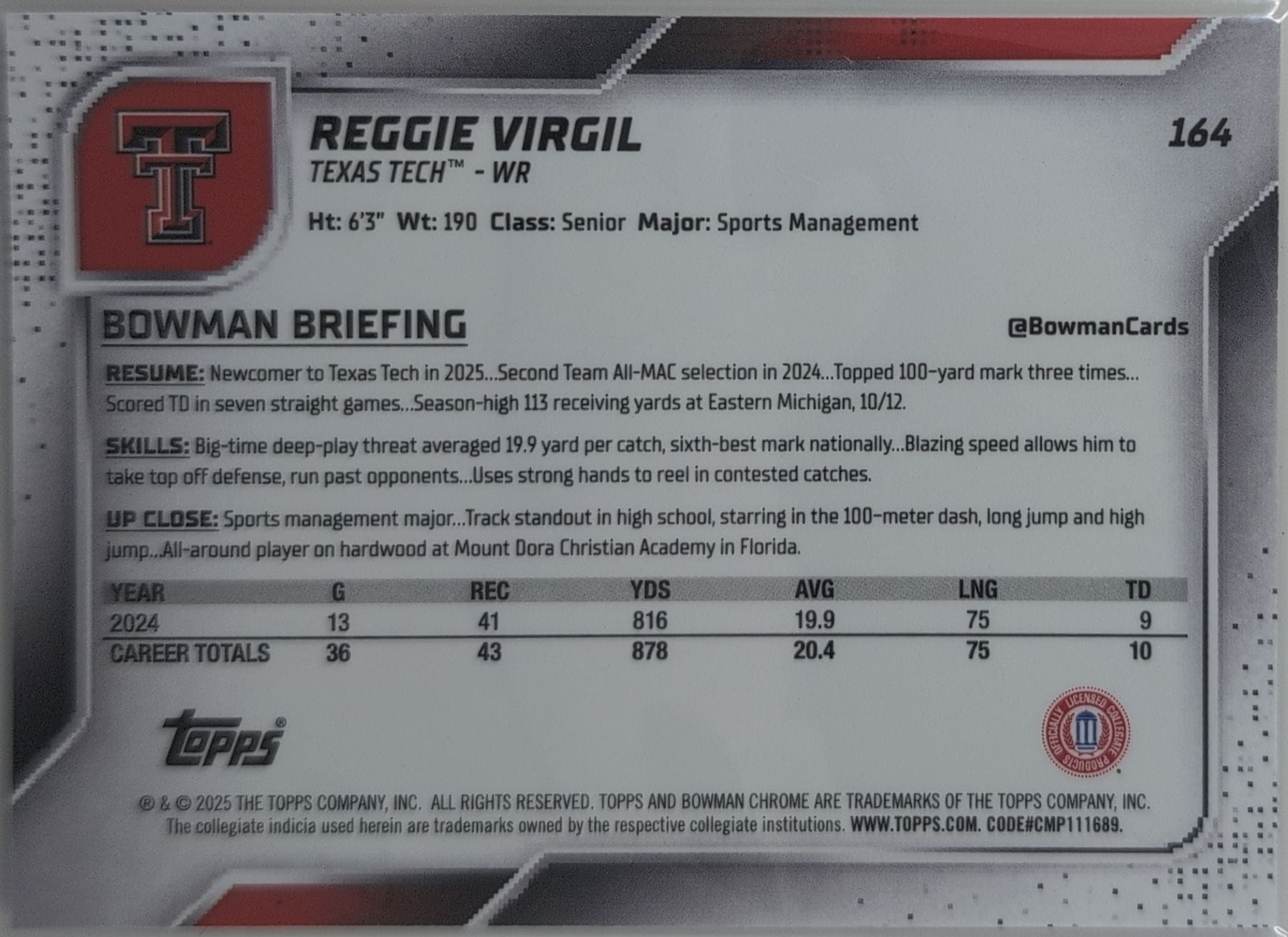 2025 Bowman University Chrome Reggie Virgil #164 Texas Tech Red Raiders back