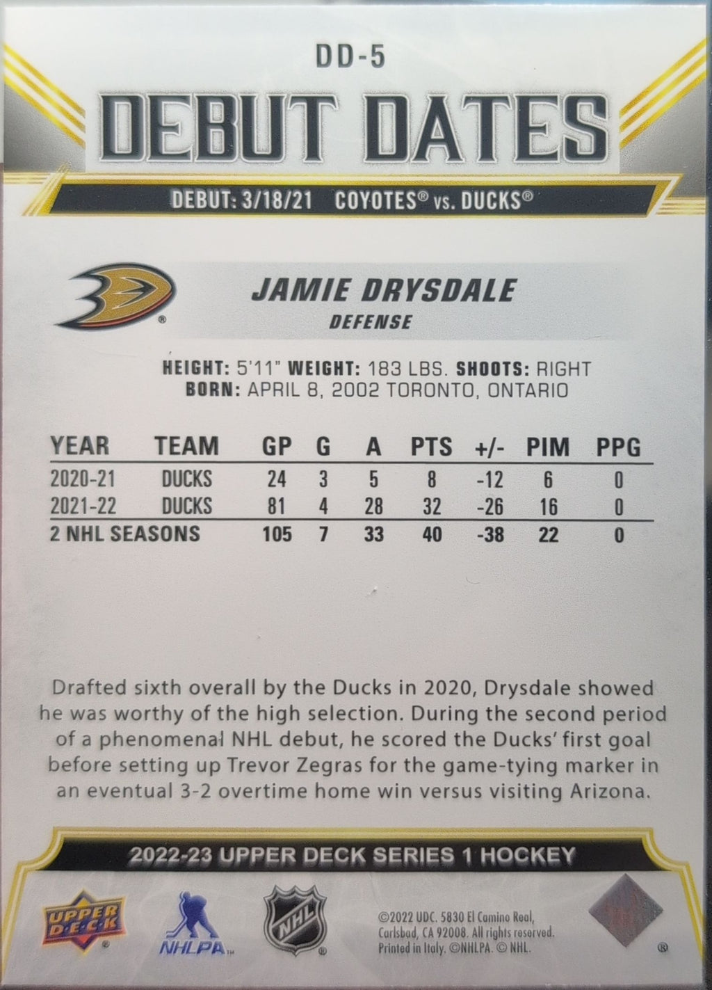 2022-23 Upper Deck Jamie Drysdale #DD-5 Debut Dates Anaheim Ducks back