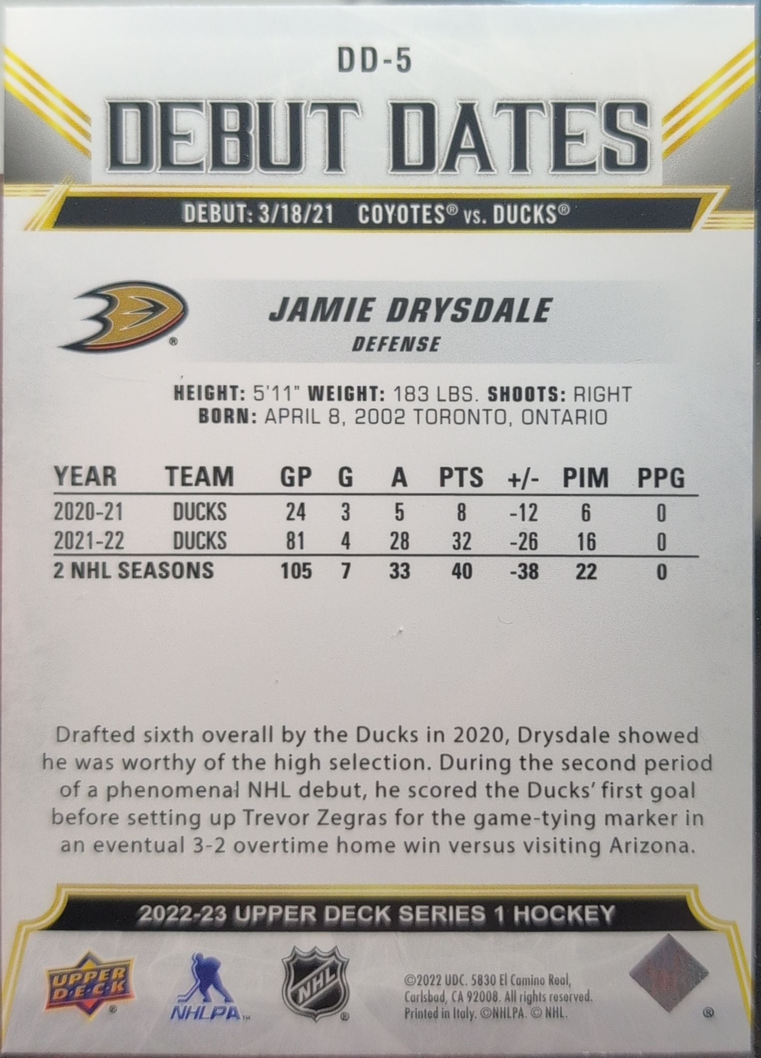 2022-23 Upper Deck Jamie Drysdale #DD-5 Debut Dates Anaheim Ducks back