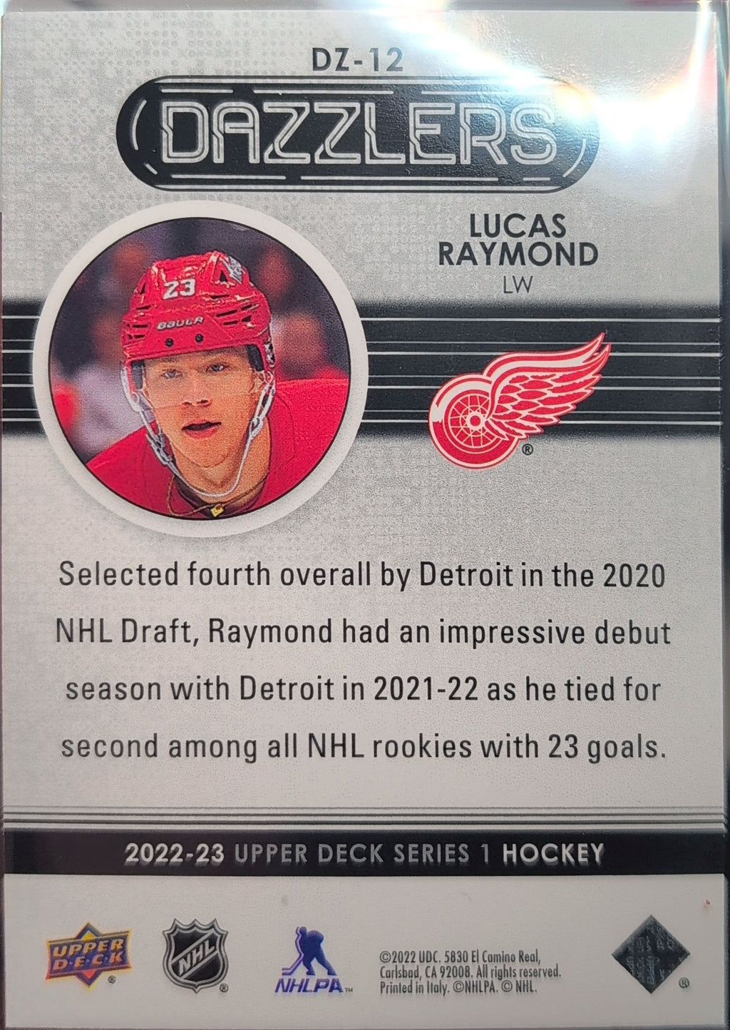 2022-23 Upper Deck Lucas Raymond #DZ-12 Dazzlers Blue Detroit Red Wings back