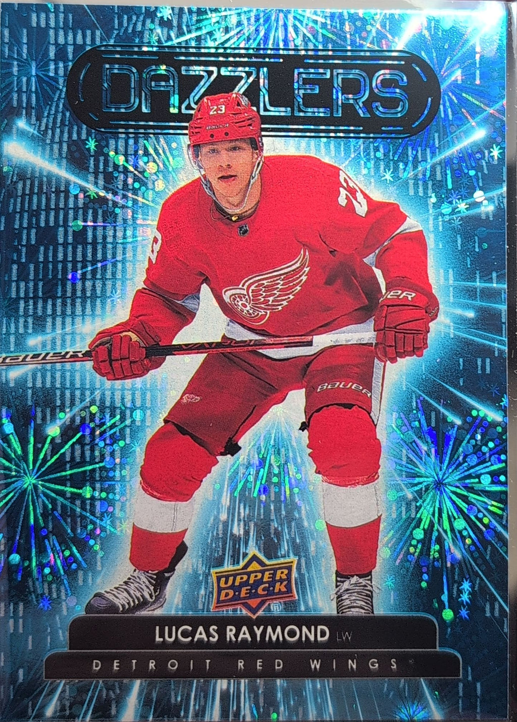 2022-23 Upper Deck Lucas Raymond #DZ-12 Dazzlers Blue Detroit Red Wings front