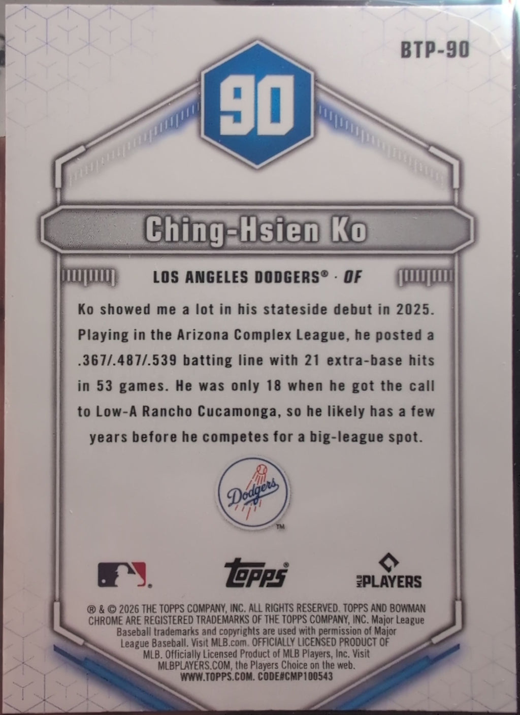 2026 Bowman Ching-Hsien Ko #BTP-90 Bowman Scouts' Top 100 Los Angeles Dodgers back