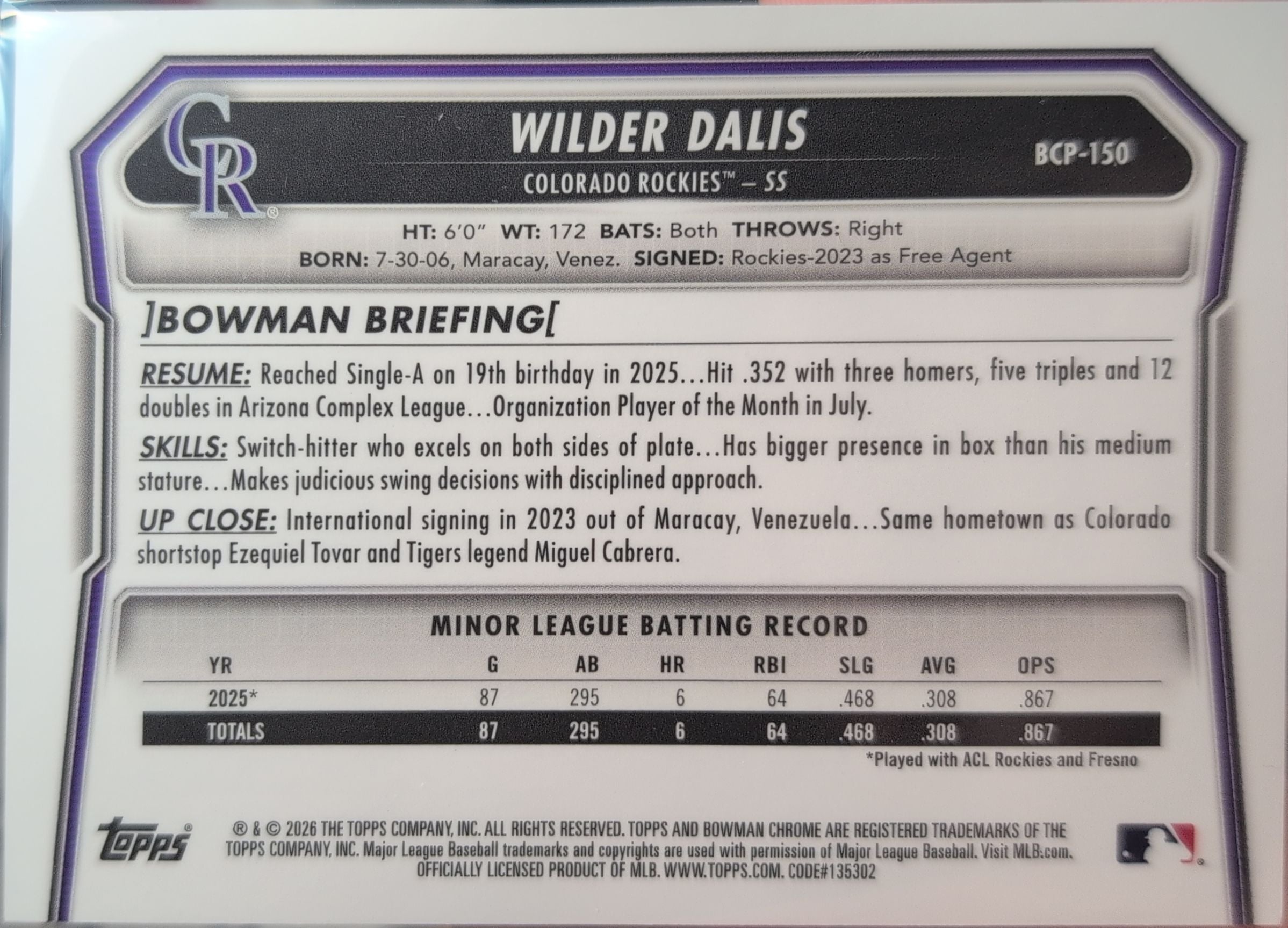 2026 Bowman Wilder Dalis #BP-150 Prospects Colorado Rockies back
