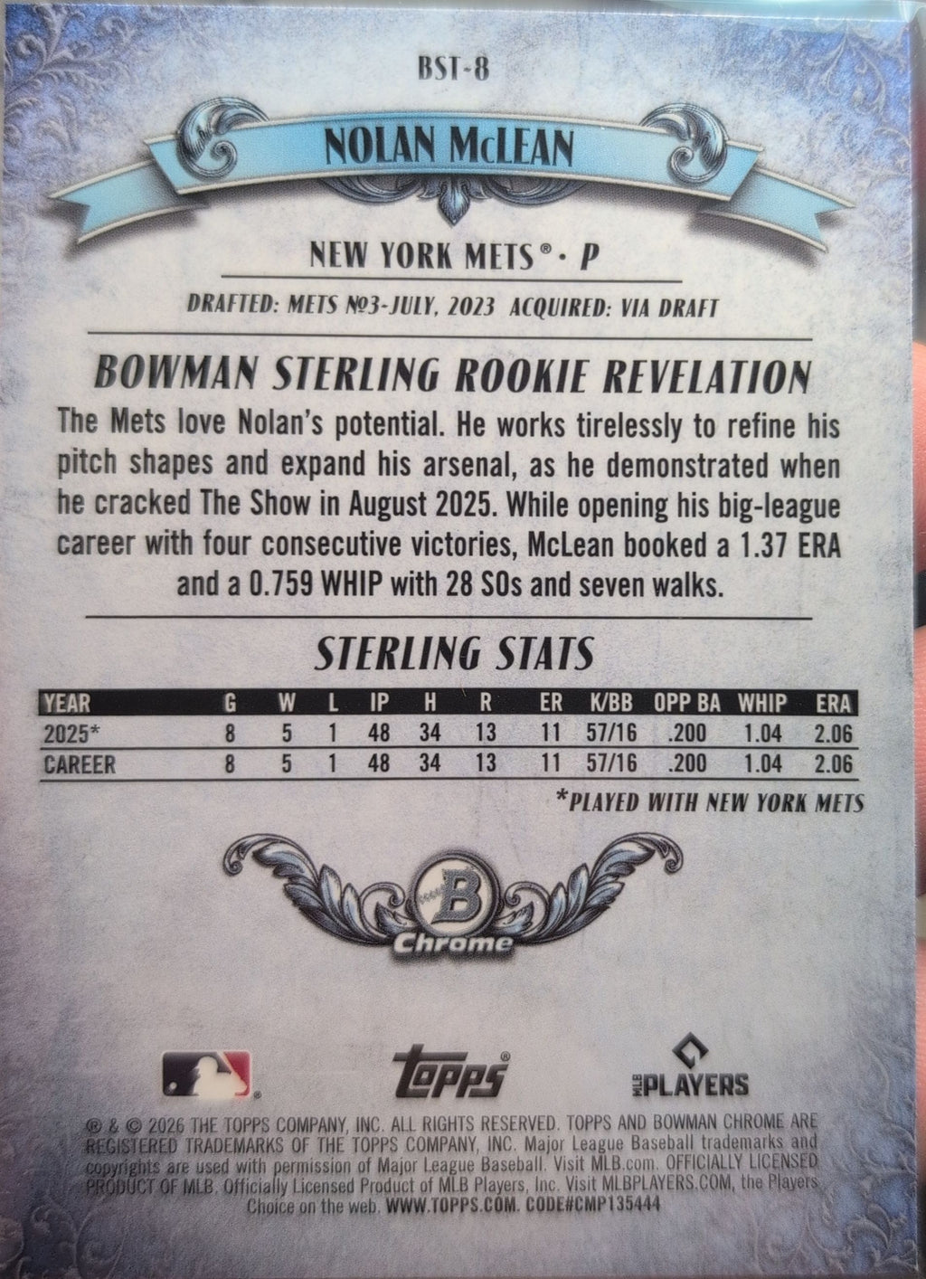 2026 Bowman Nolan McLean #BST-8 Bowman Sterling New York Mets back