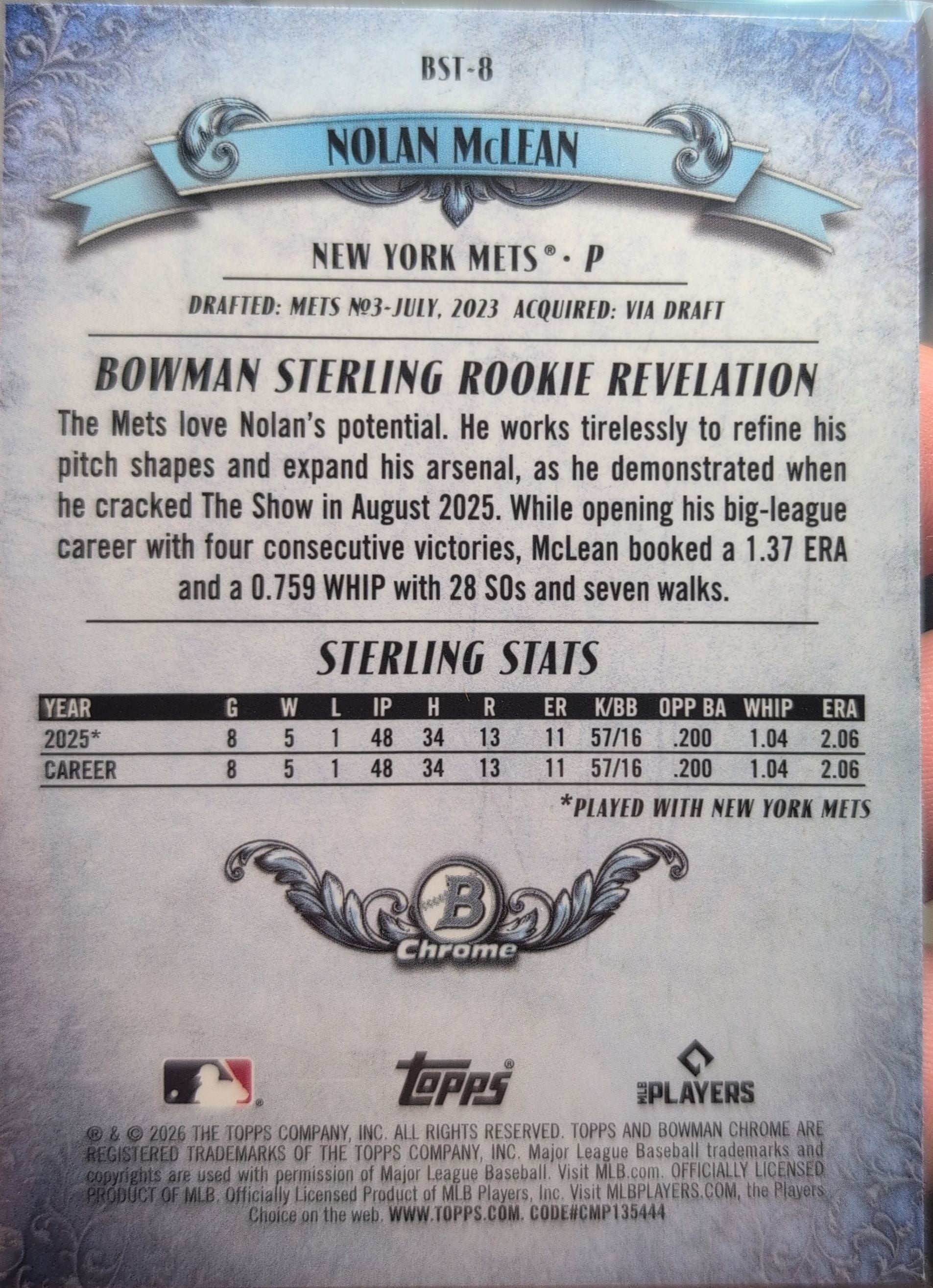 2026 Bowman Nolan McLean #BST-8 Bowman Sterling New York Mets back