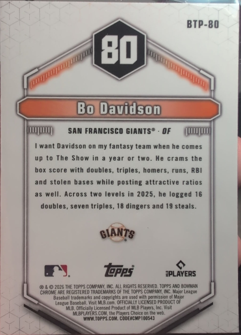 2026 Bowman Bo Davidson #BTP-80 Bowman Scouts' Top 100 San Francisco Giants back