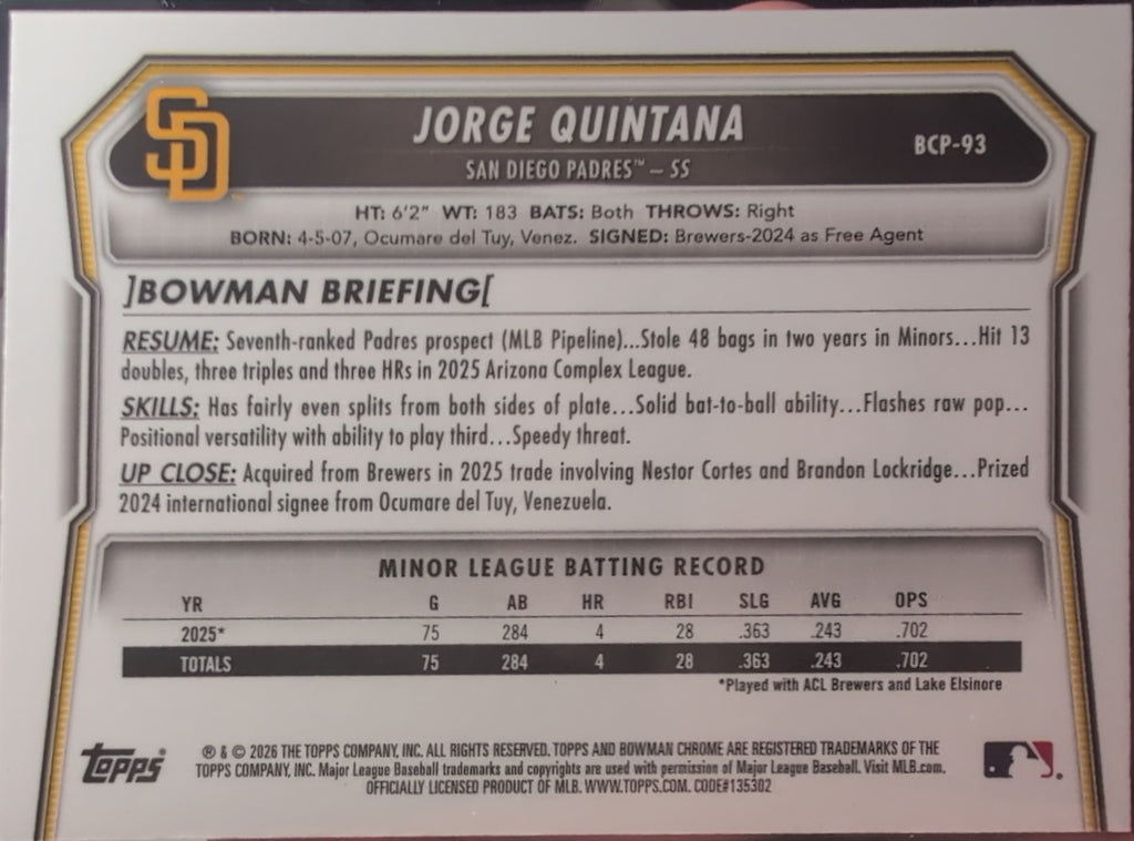 2026 Bowman Jorge Quintana #BCP-93 Chrome Prospects San Diego Padres back