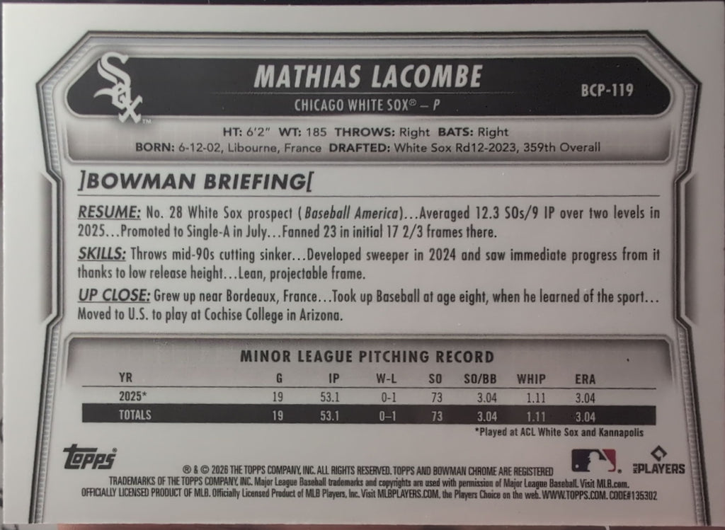 2026 Bowman Mathias Lacombe #BCP-119 Chrome Prospects Chicago White Sox back