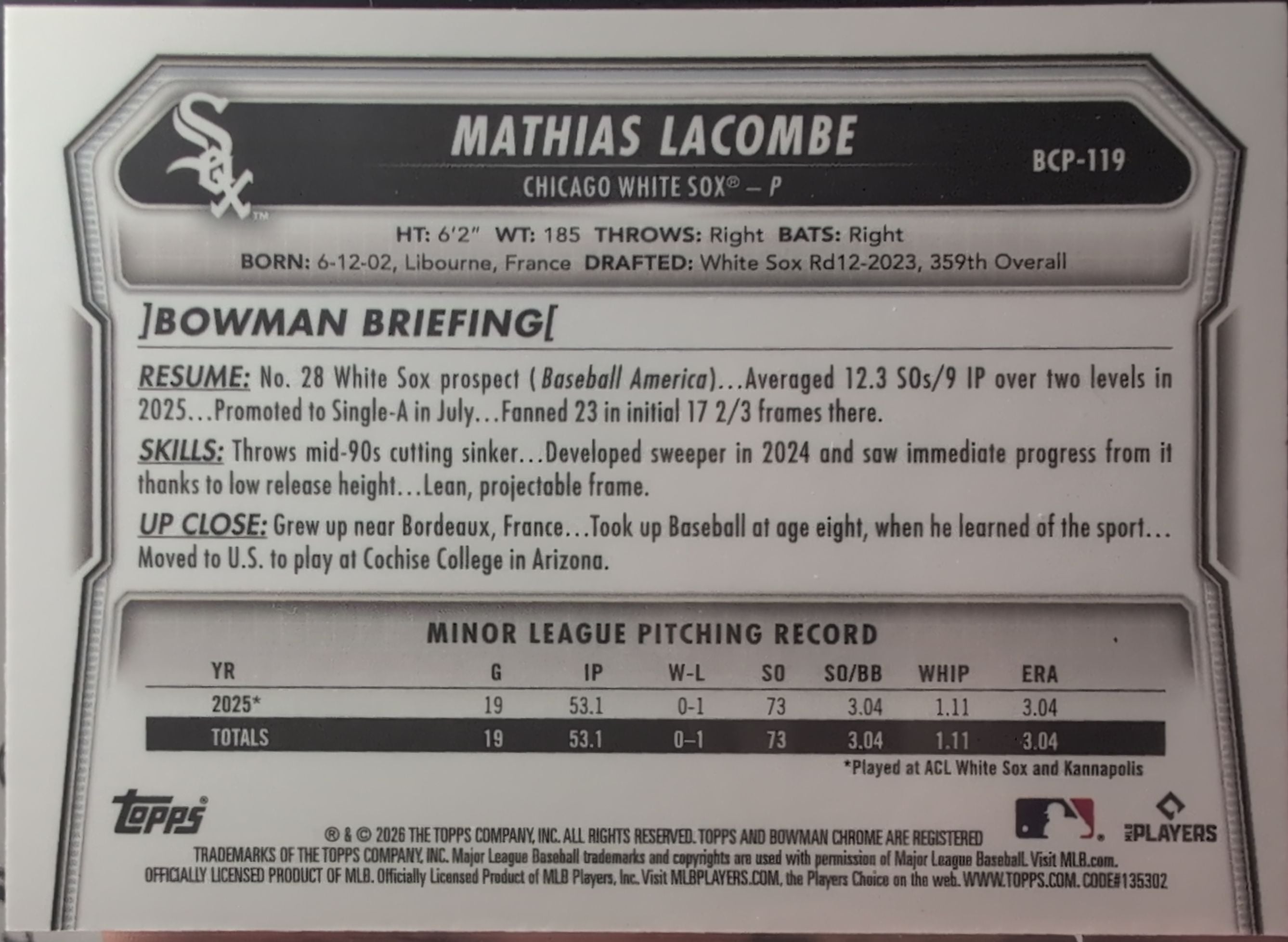 2026 Bowman Mathias Lacombe #BCP-119 Chrome Prospects Chicago White Sox back