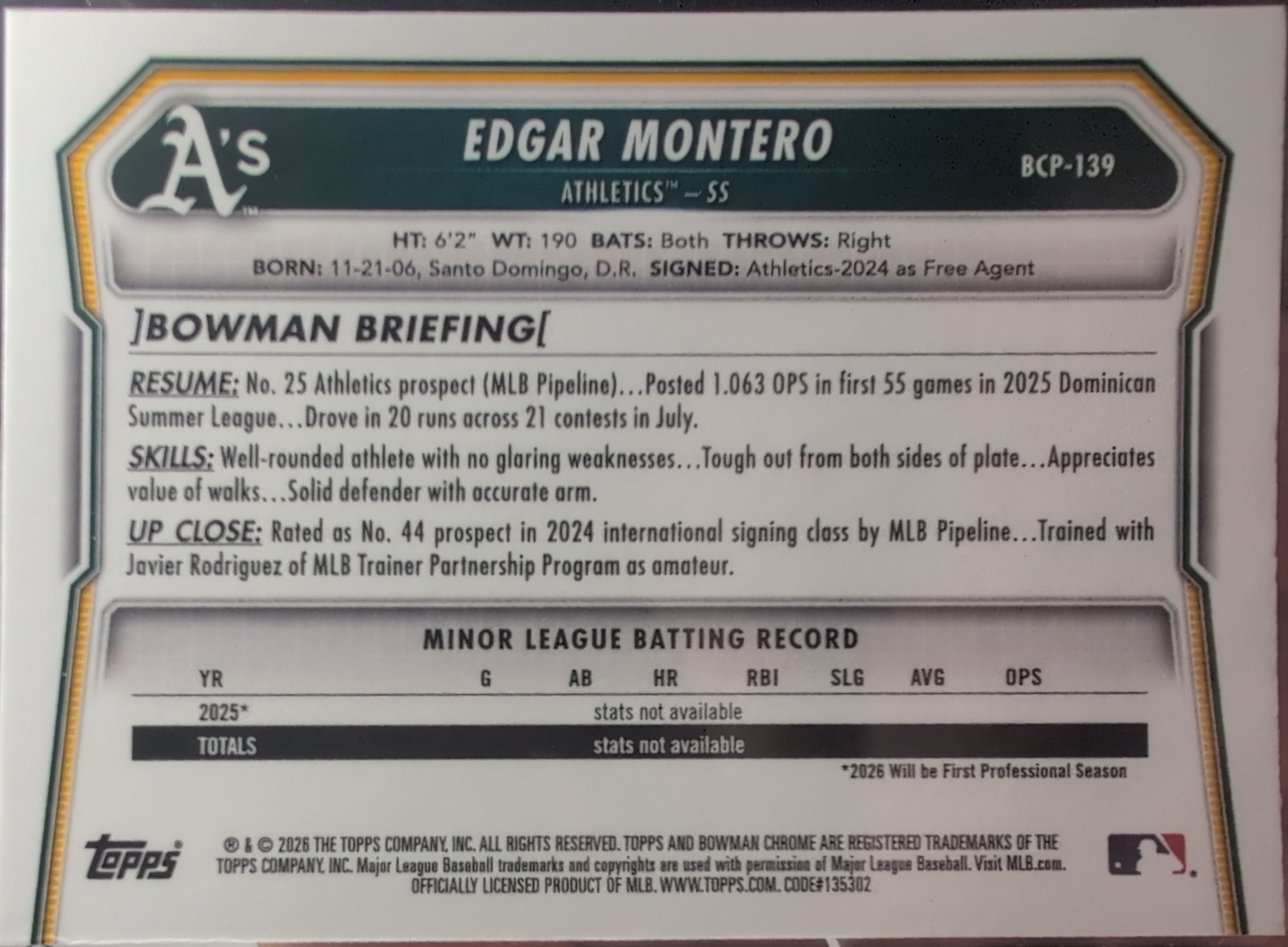 2026 Bowman Edgar Montero #BCP-139 Chrome Prospects Athletics back