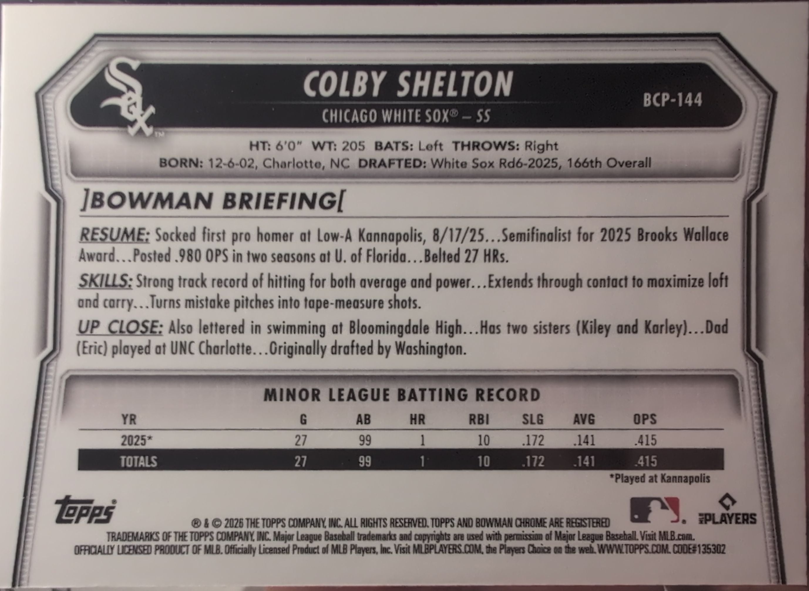 Colby Shelton 2026 Bowman #BCP-144 Chrome Prospects Chicago White Sox