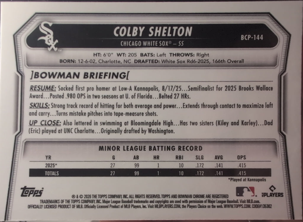 2026 Bowman Colby Shelton #BCP-144 Chrome Prospects Chicago White Sox back