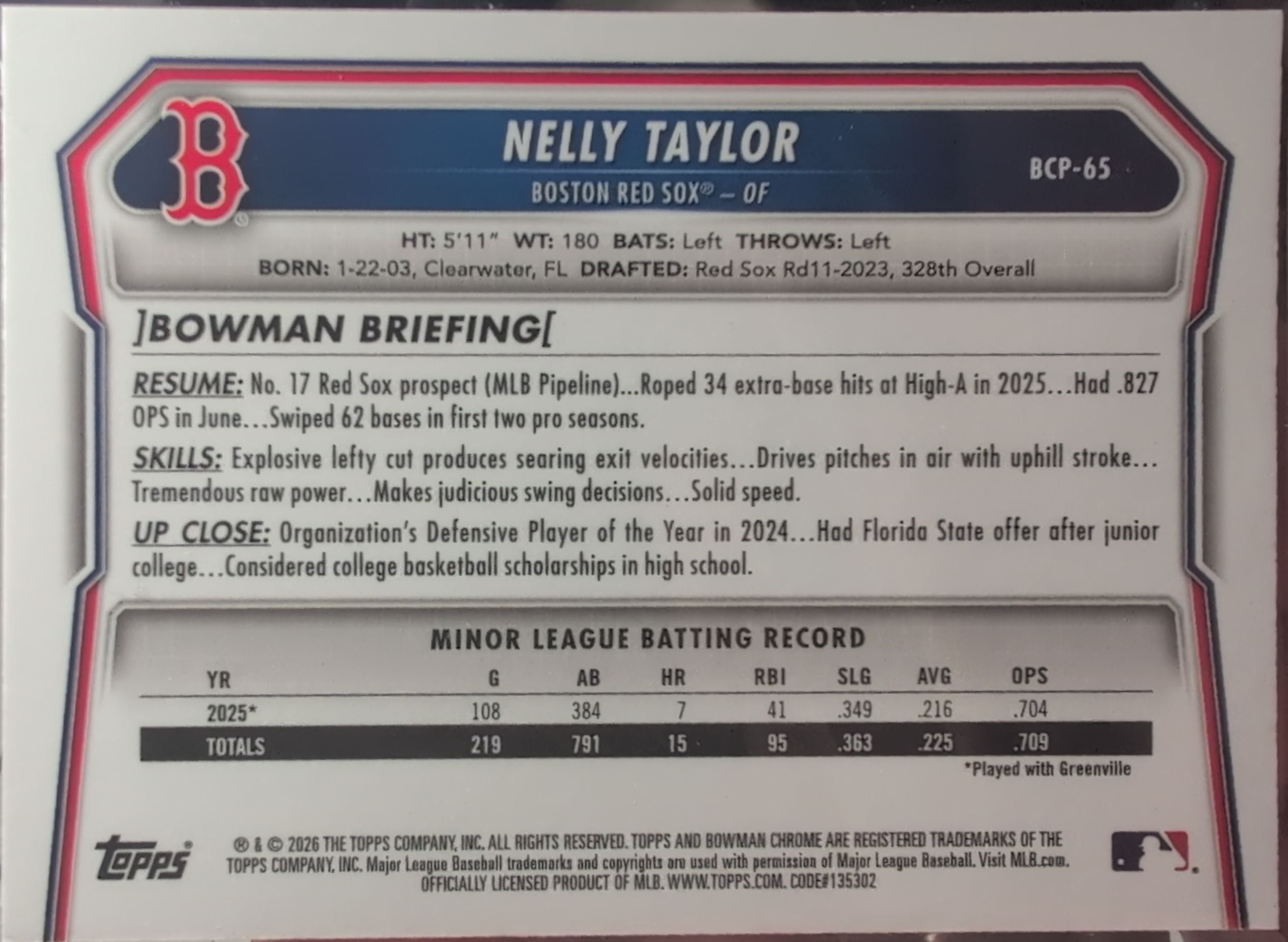 2026 Bowman Nelly Taylor #BCP-65 Chrome Prospects Boston Red Sox back