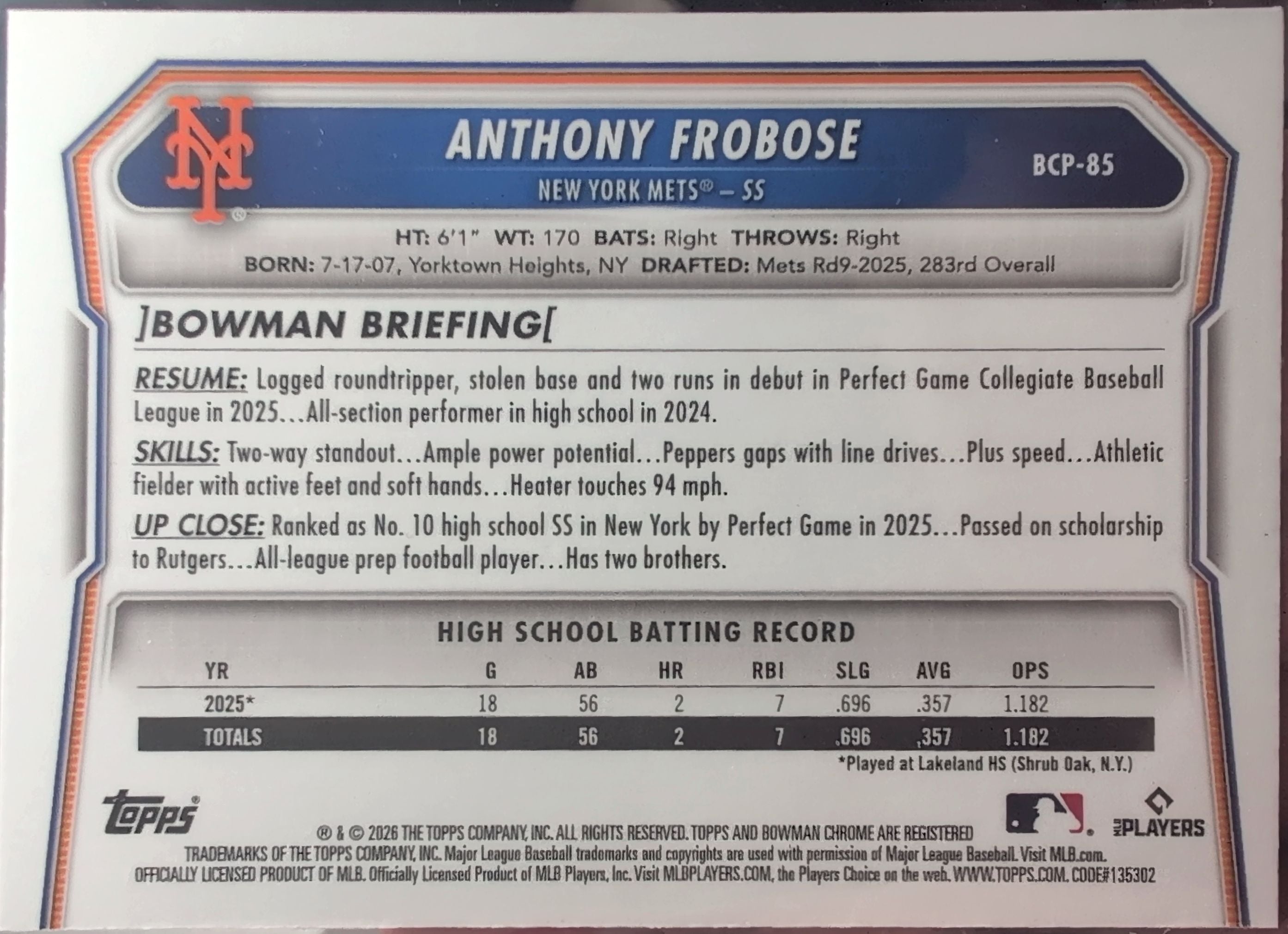 2026 Bowman Anthony Frobose #BCP-85 Chrome Prospects New York Mets back
