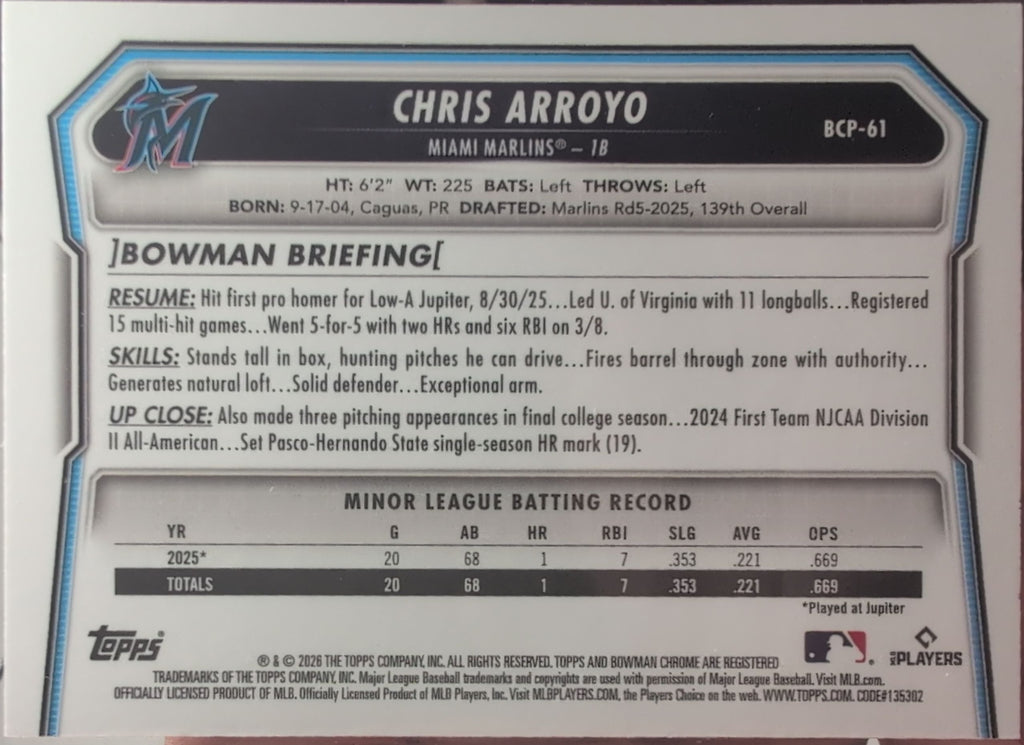 2026 Bowman Chris Arroyo #BCP-61 Chrome Prospects Miami Marlins back