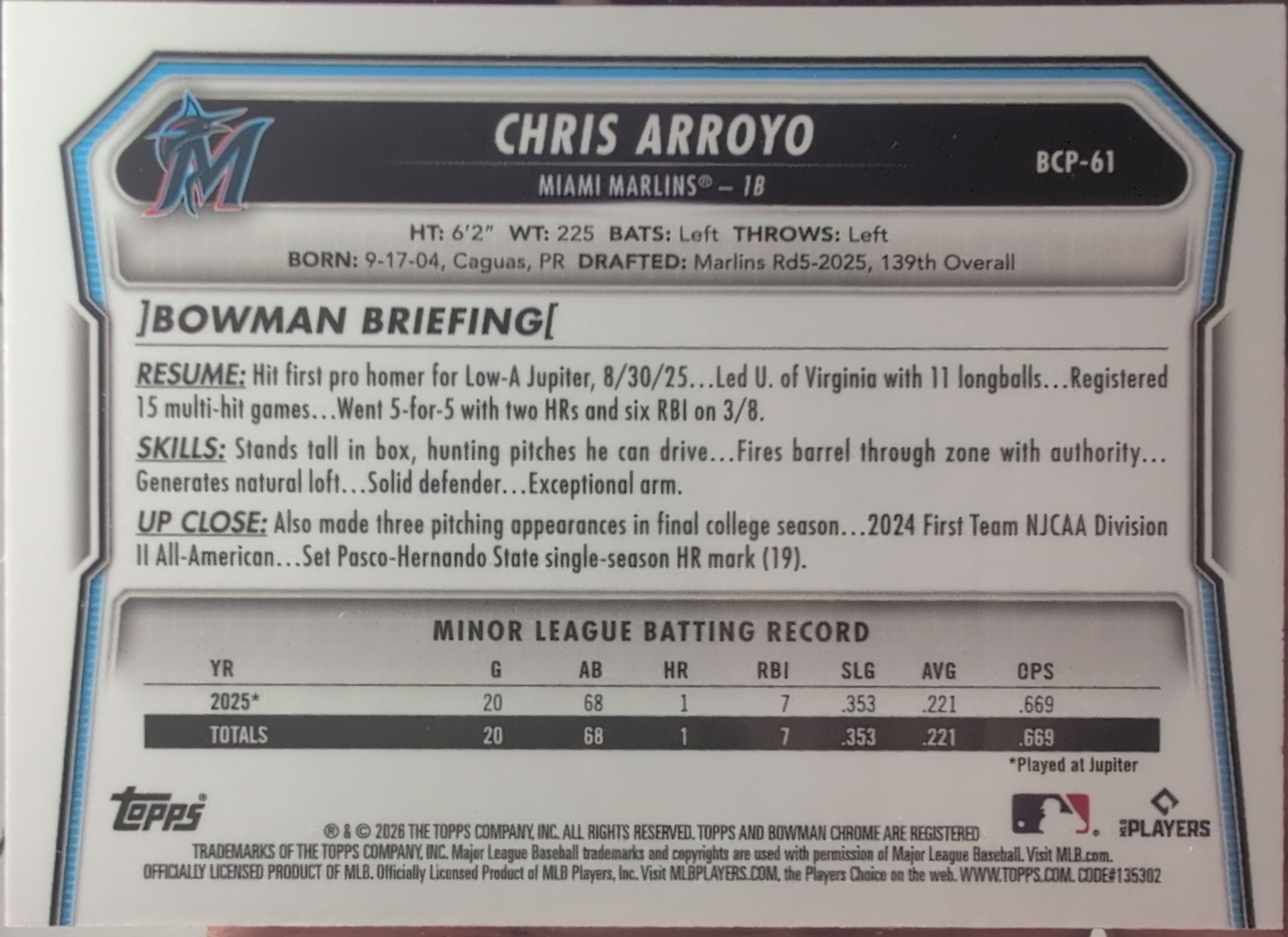 2026 Bowman Chris Arroyo #BCP-61 Chrome Prospects Miami Marlins back