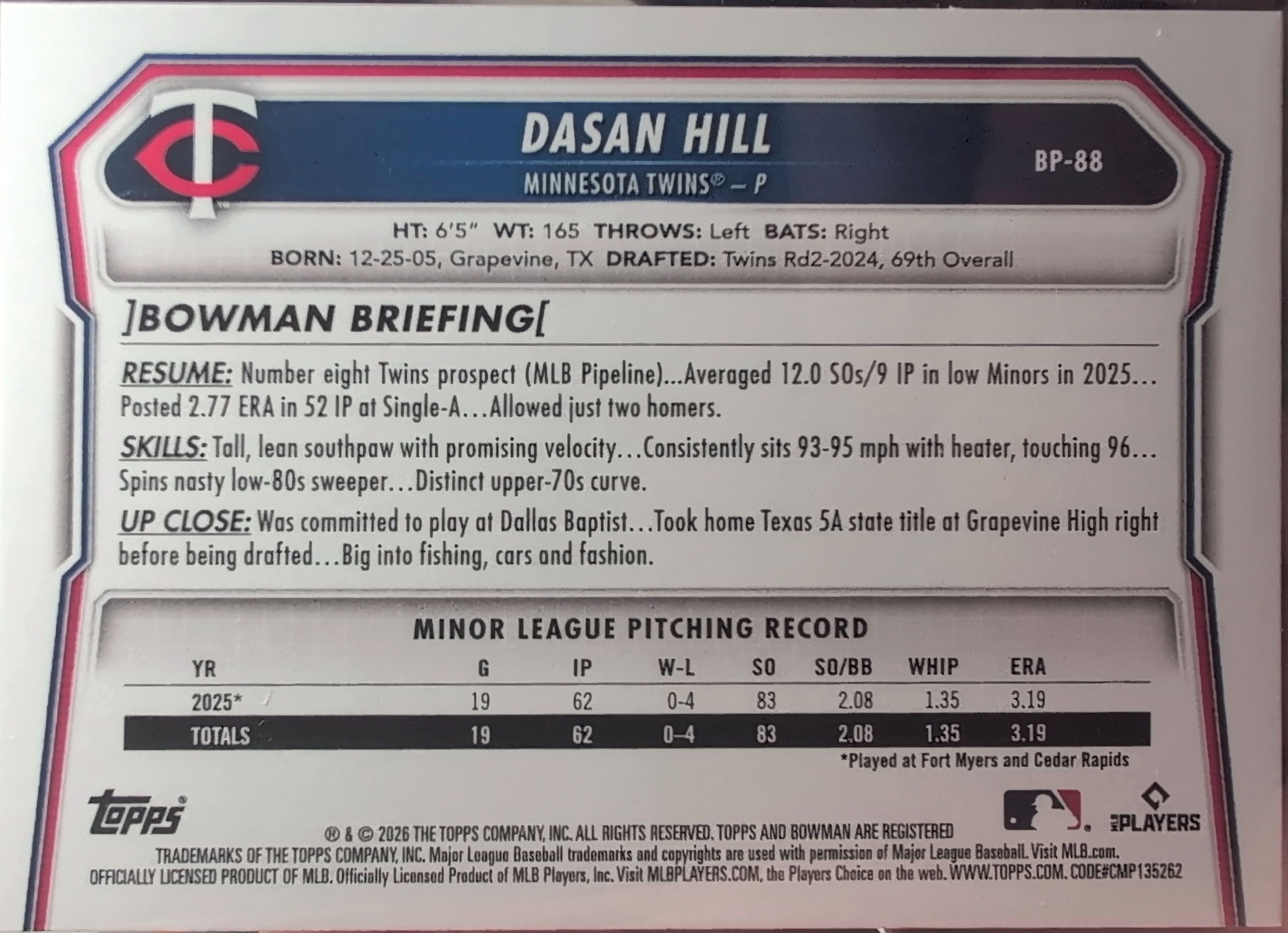 2026 Bowman Dasan Hill #BP-88 Prospects Minnesota Twins back