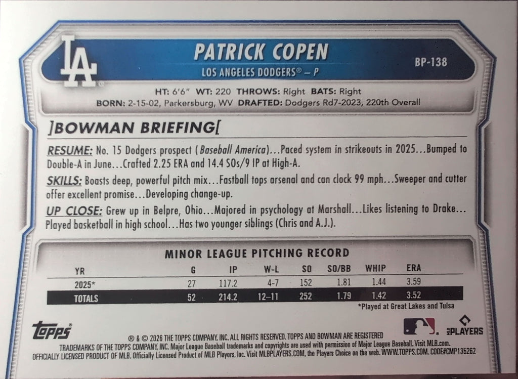 2026 Bowman Patrick Copen #BP-138 Prospects Los Angeles Dodgers back