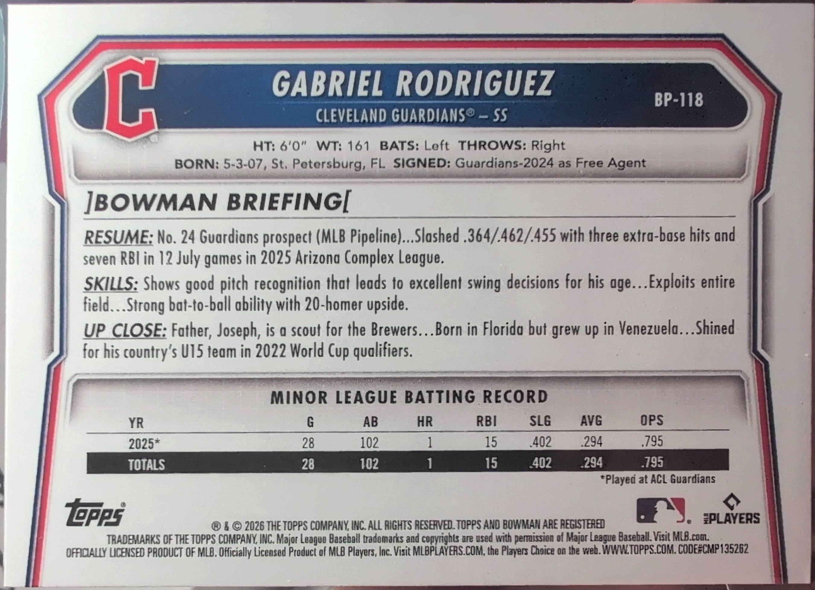 2026 Bowman Gabriel Rodriguez #BP-118 Prospects Cleveland Guardians back