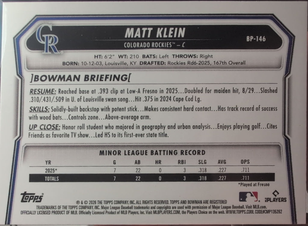 2026 Bowman Matt Klein #BP-146 Prospects Colorado Rockies back