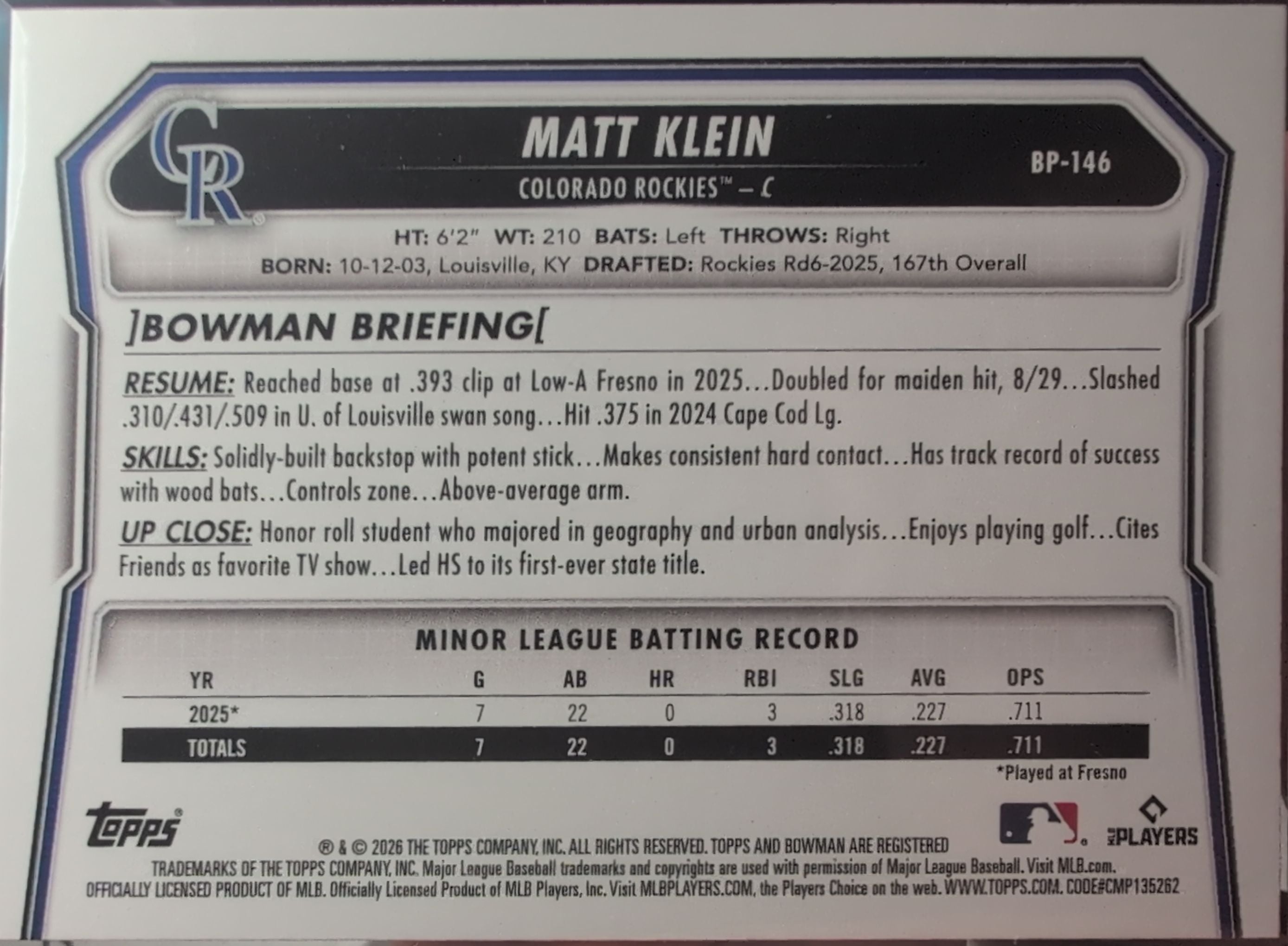 2026 Bowman Matt Klein #BP-146 Prospects Colorado Rockies back
