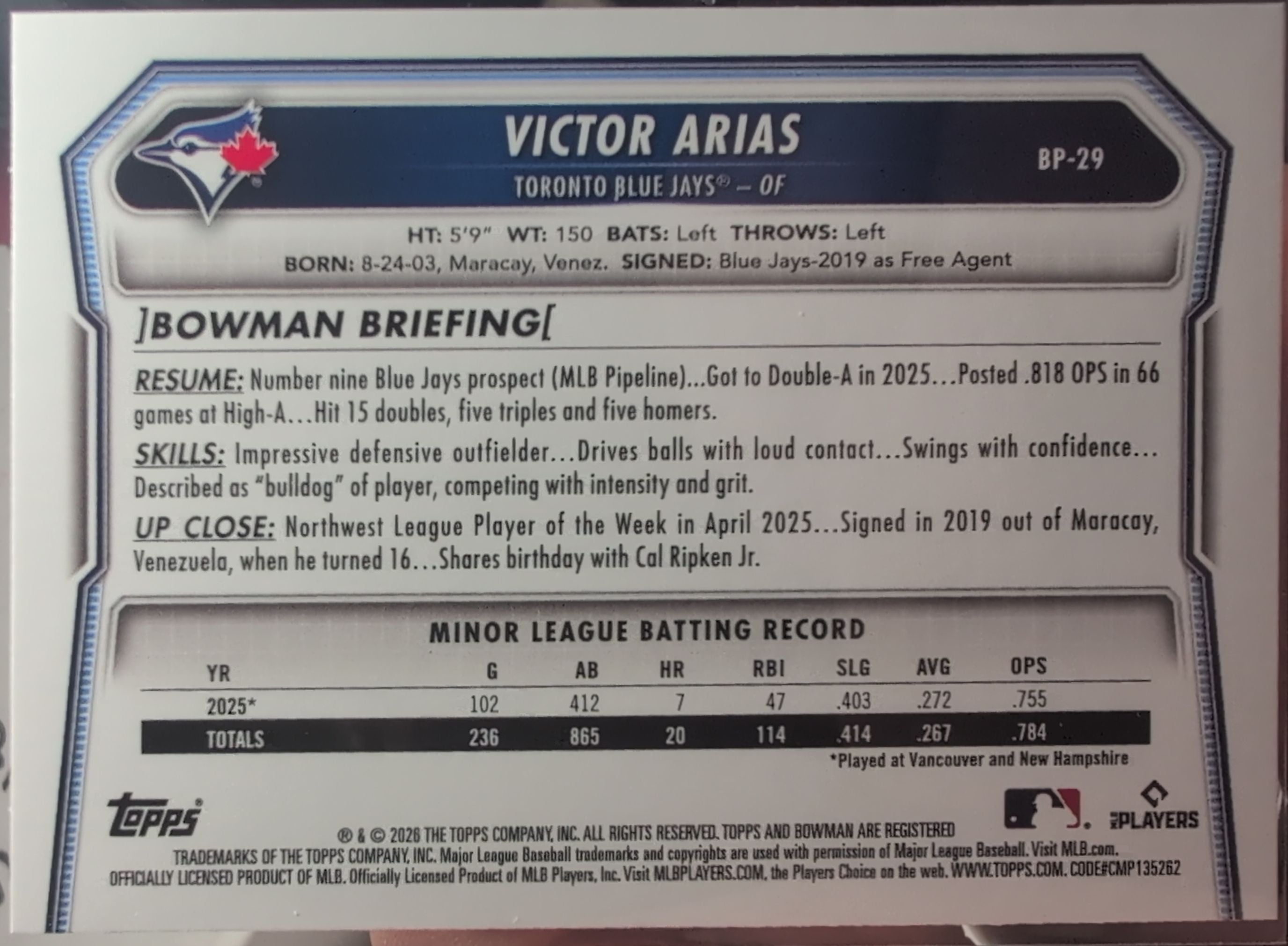 2026 Bowman Victor Arias #BP-29 Prospects Toronto Blue Jays back