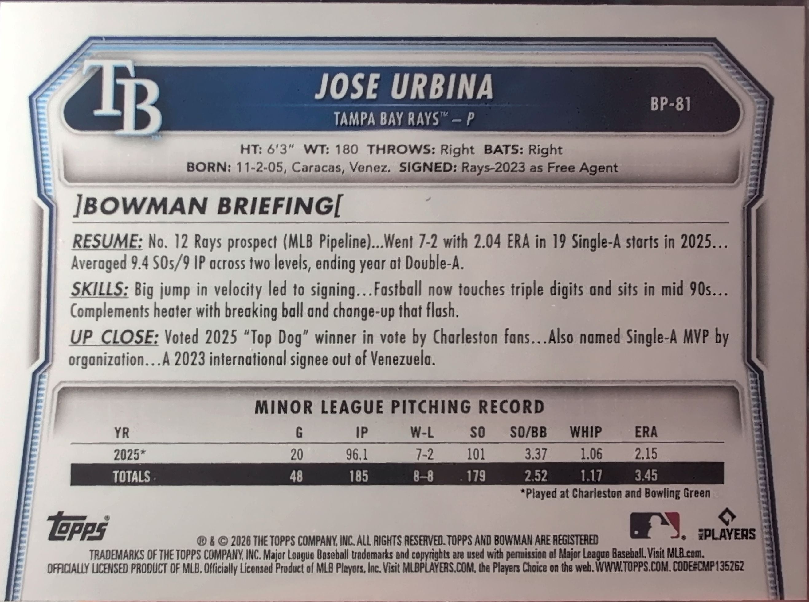 2026 Bowman Jose Urbina #BP-81 Prospects Tampa Bay Rays back