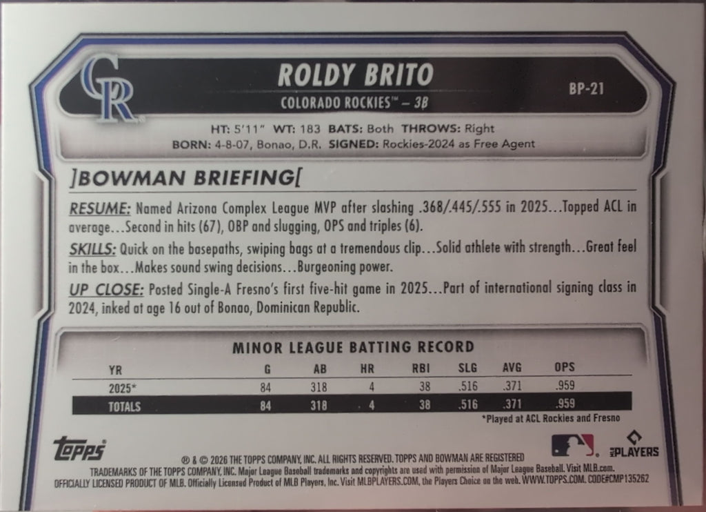 2026 Bowman Roldy Brito #BP-21 Prospects Colorado Rockies back