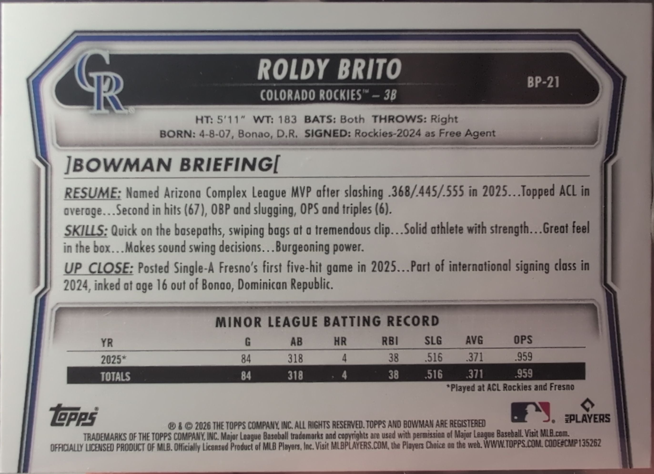 2026 Bowman Roldy Brito #BP-21 Prospects Colorado Rockies back
