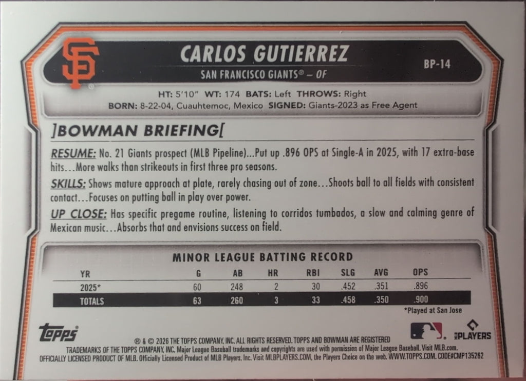 2026 Bowman Carlos Gutierrez #BP-14 Prospects San Francisco Giants back