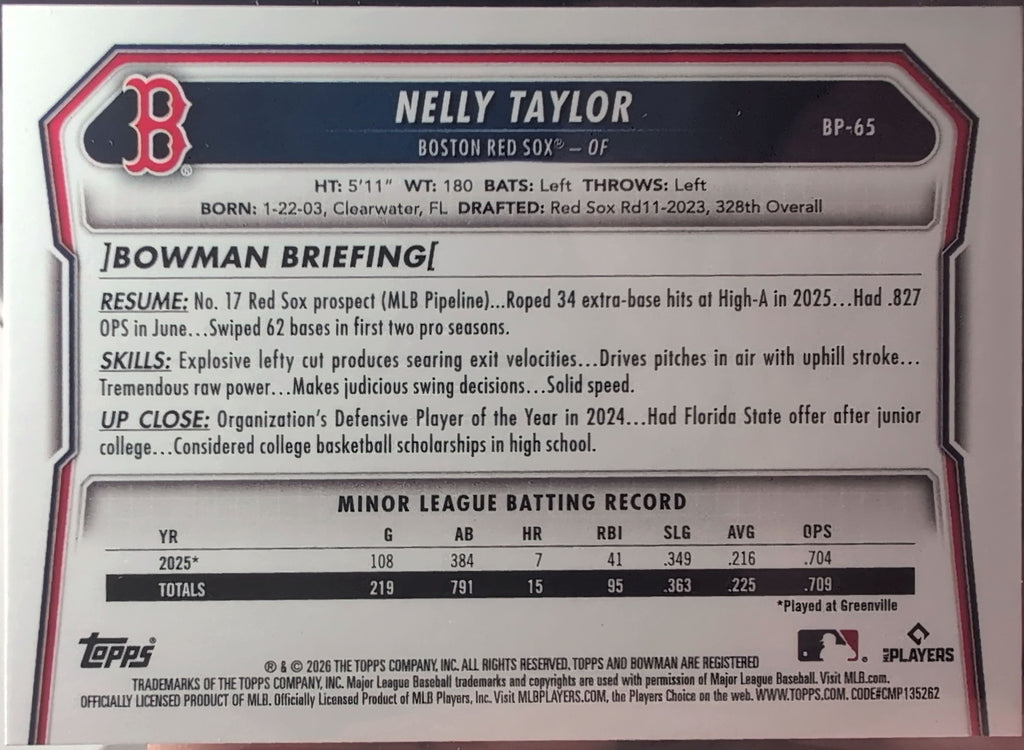 2026 Bowman Nelly Taylor #BP-65 Prospects Boston Red Sox back