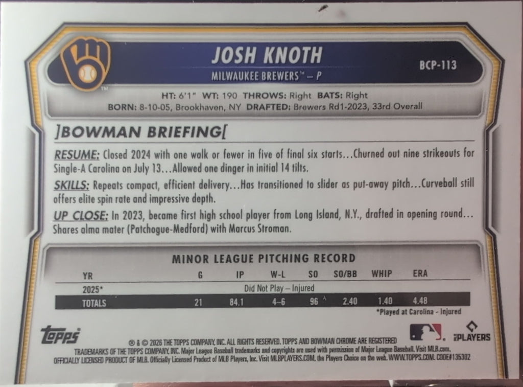 2026 Bowman Josh Knoth #BCP-113 Chrome Prospects Milwaukee Brewers back