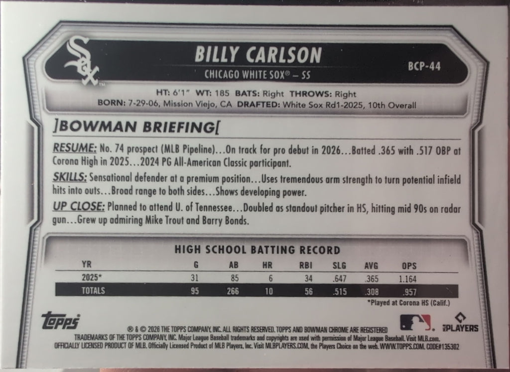 2026 Bowman Billy Carlson #BCP-44 Chrome Prospects Chicago White Sox back