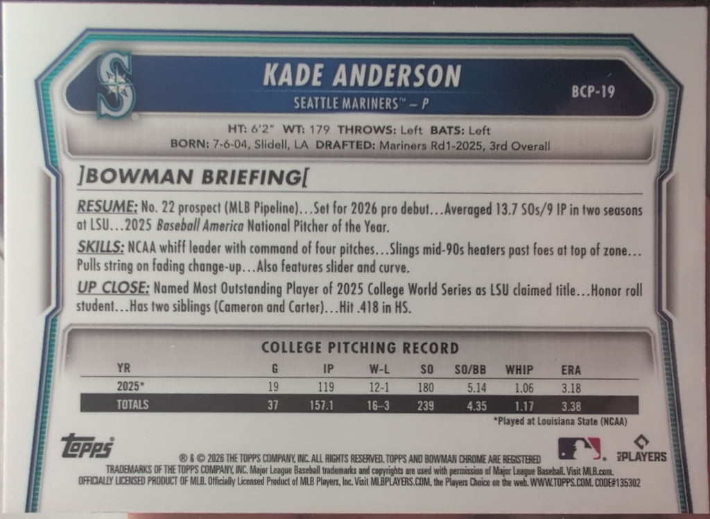 2026 Bowman Kade Anderson #BCP-19 Chrome Prospects Seattle Mariners back