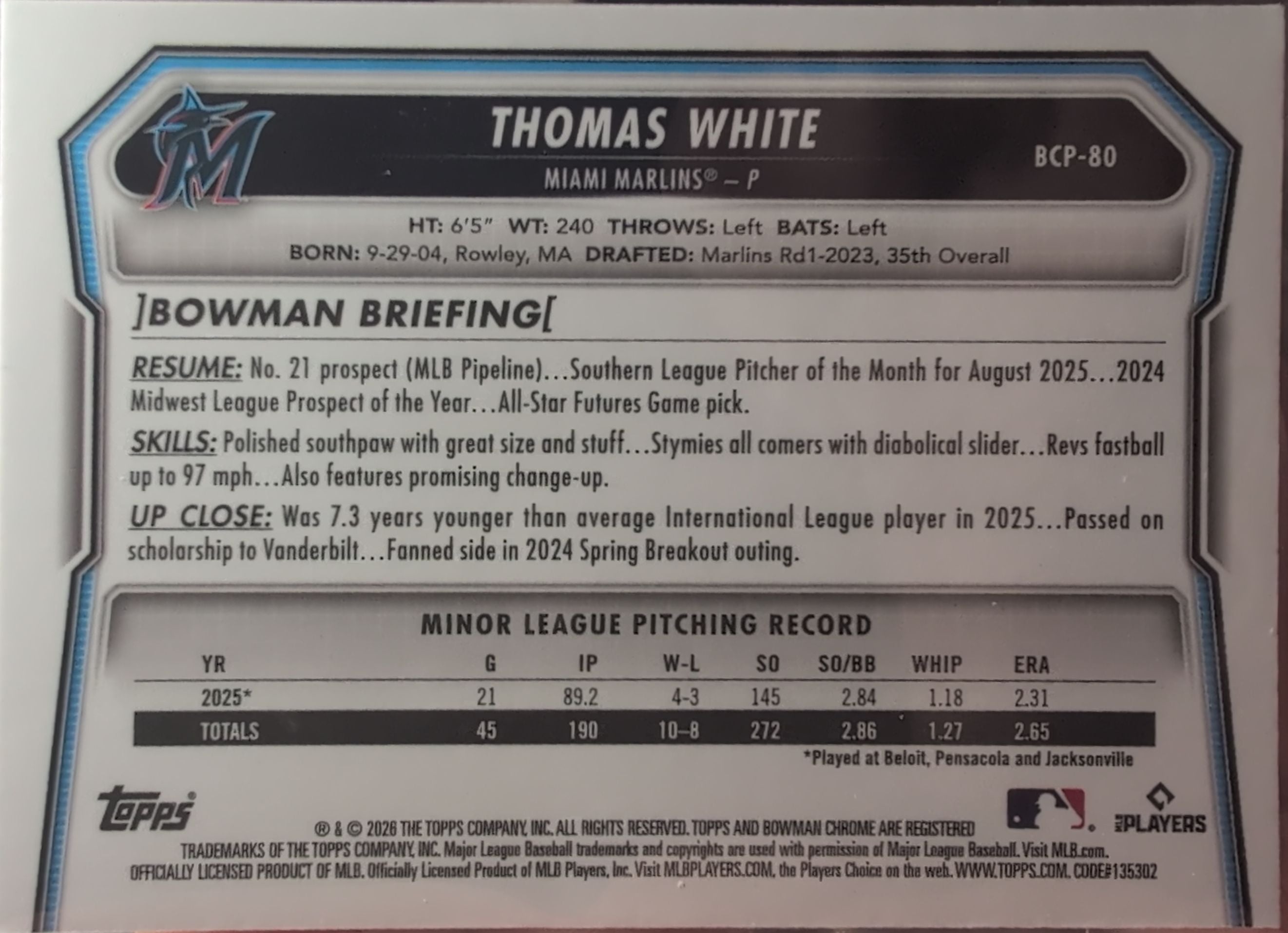 2026 Bowman Thomas White #BCP-80 Chrome Prospects Miami Marlins back