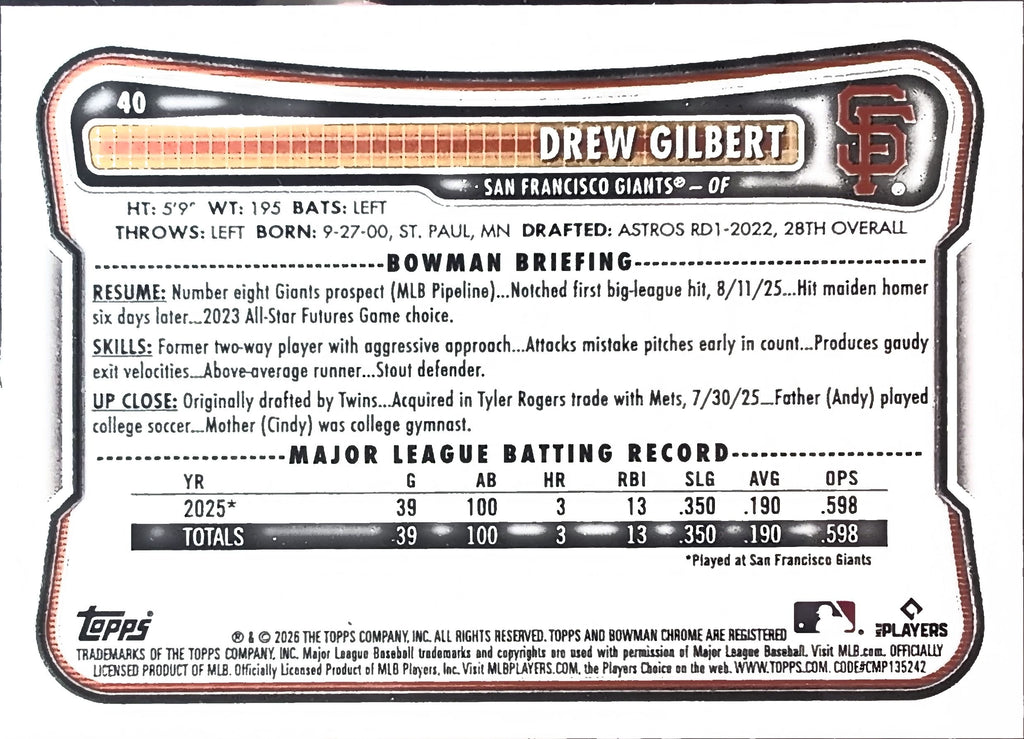 2026 Bowman Drew Gilbert #40 RC San Francisco Giants back