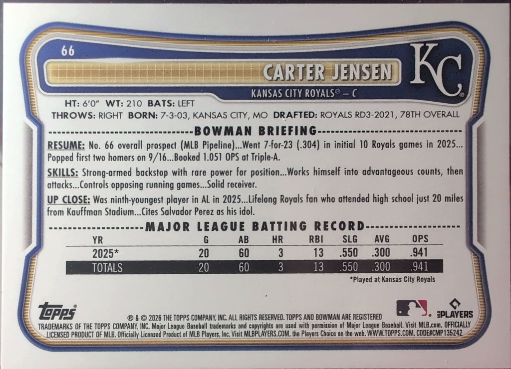 2026 Bowman Carter Jensen #66 RC Kansas City Royals back