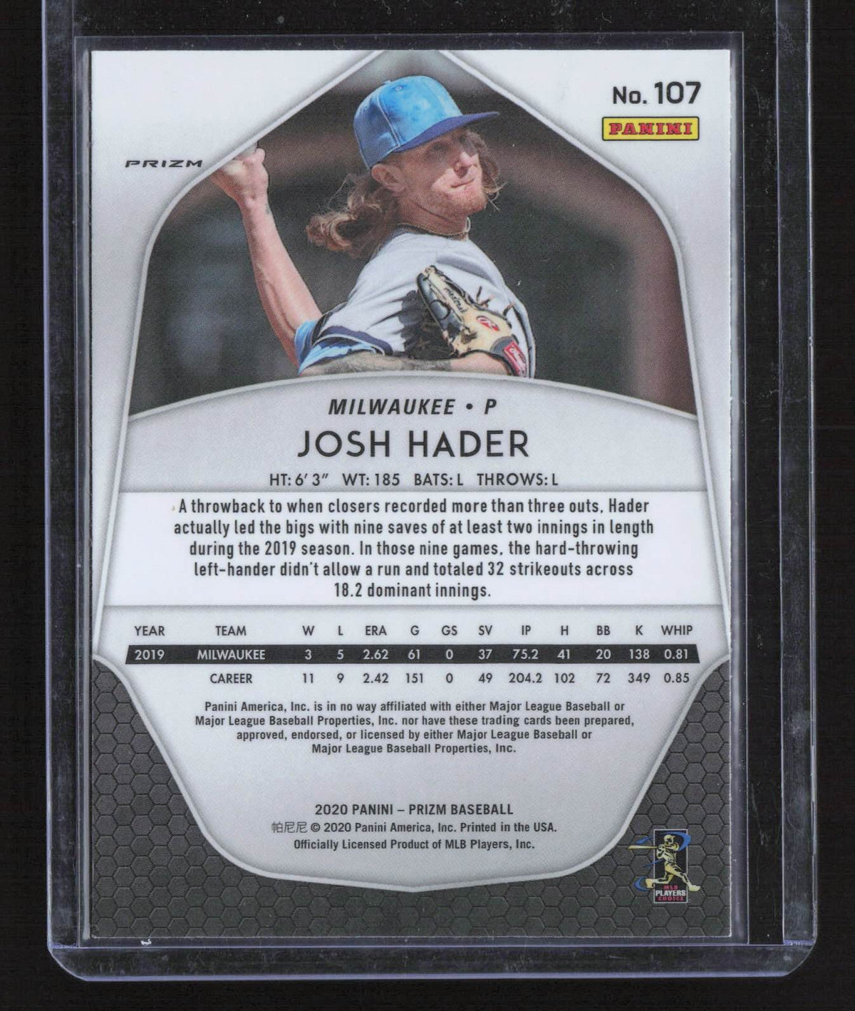 Josh Hader 2020 Panini Prizm #107 Silver Prizm Milwaukee Brewers