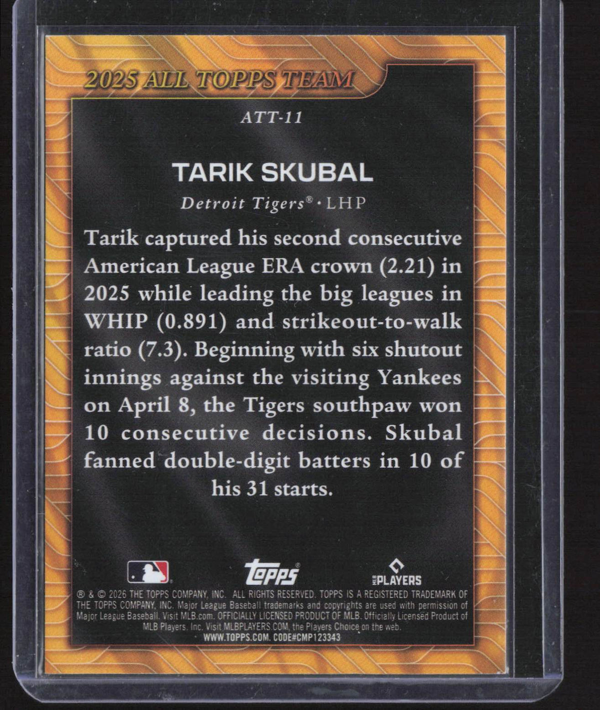 Tarik Skubal 2026 Topps #ATT-11 2025 All Topps Team Pink Foil Detroit Tigers