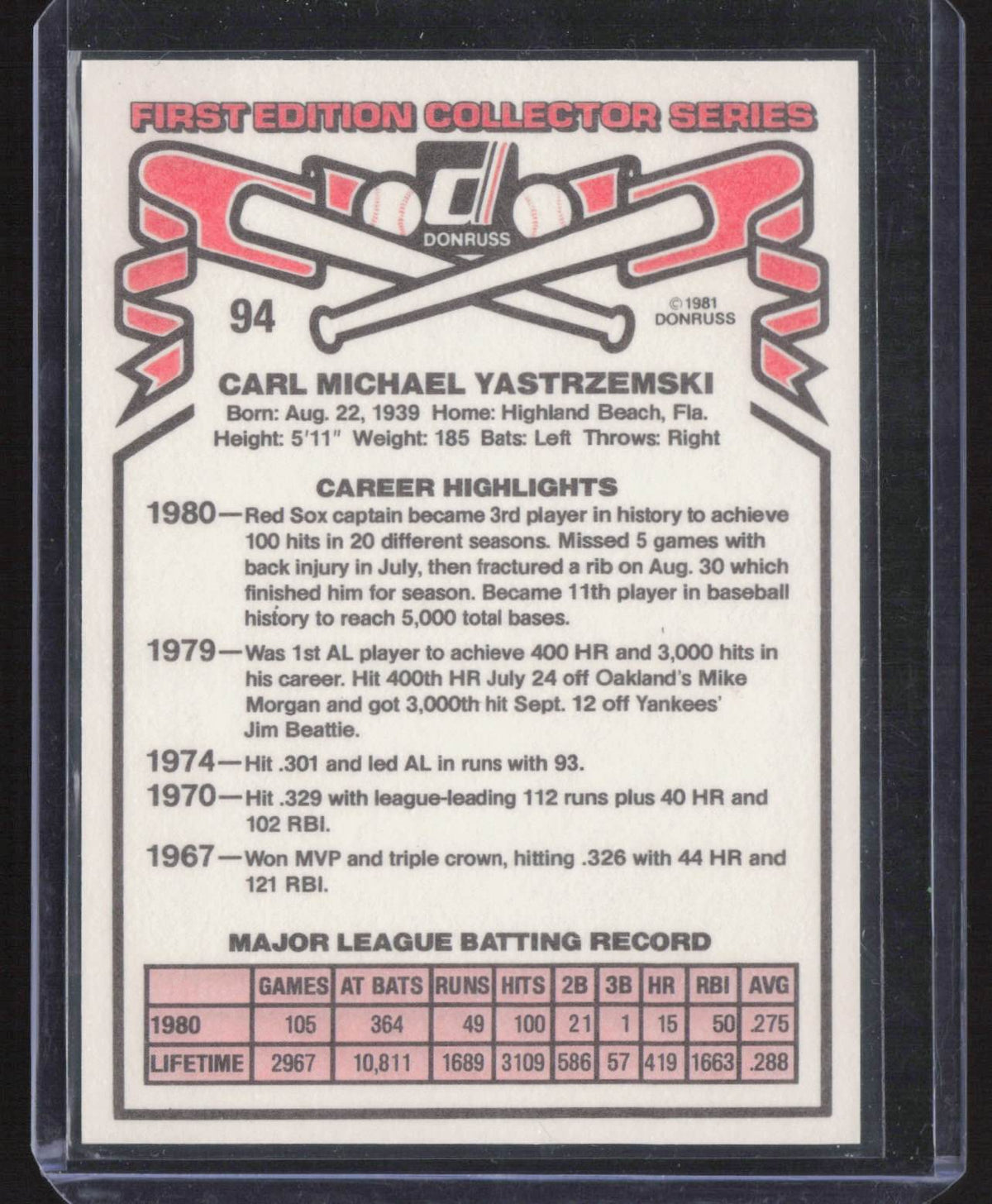 Carl Yastrzemski 1981 Donruss #94 Boston Red Sox